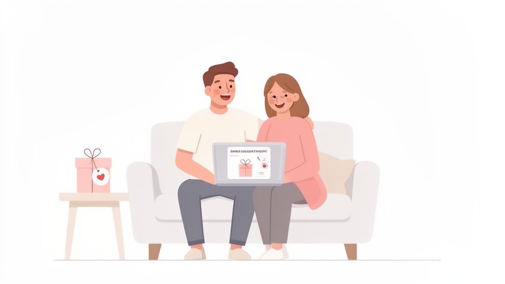 Illustration of a smiling couple on a sofa, browsing online gift ideas on a laptop.