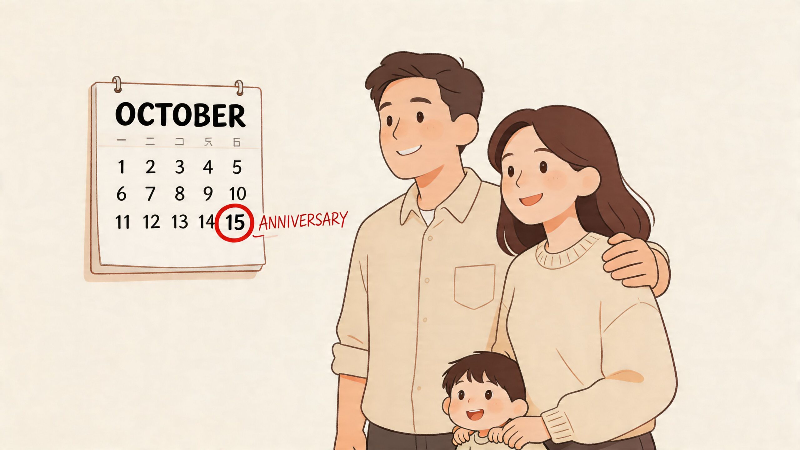 A happy young family with a father, mother, and small child celebrating their anniversary in October.