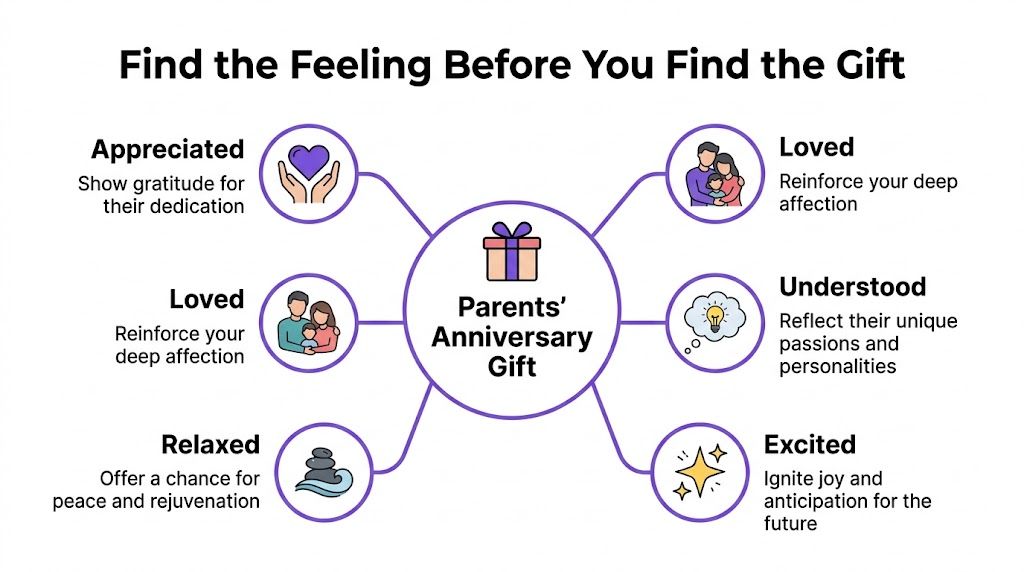 An infographic titled Find the Feeling Before You Find the Gift featuring anniversary gift ideas for parents.