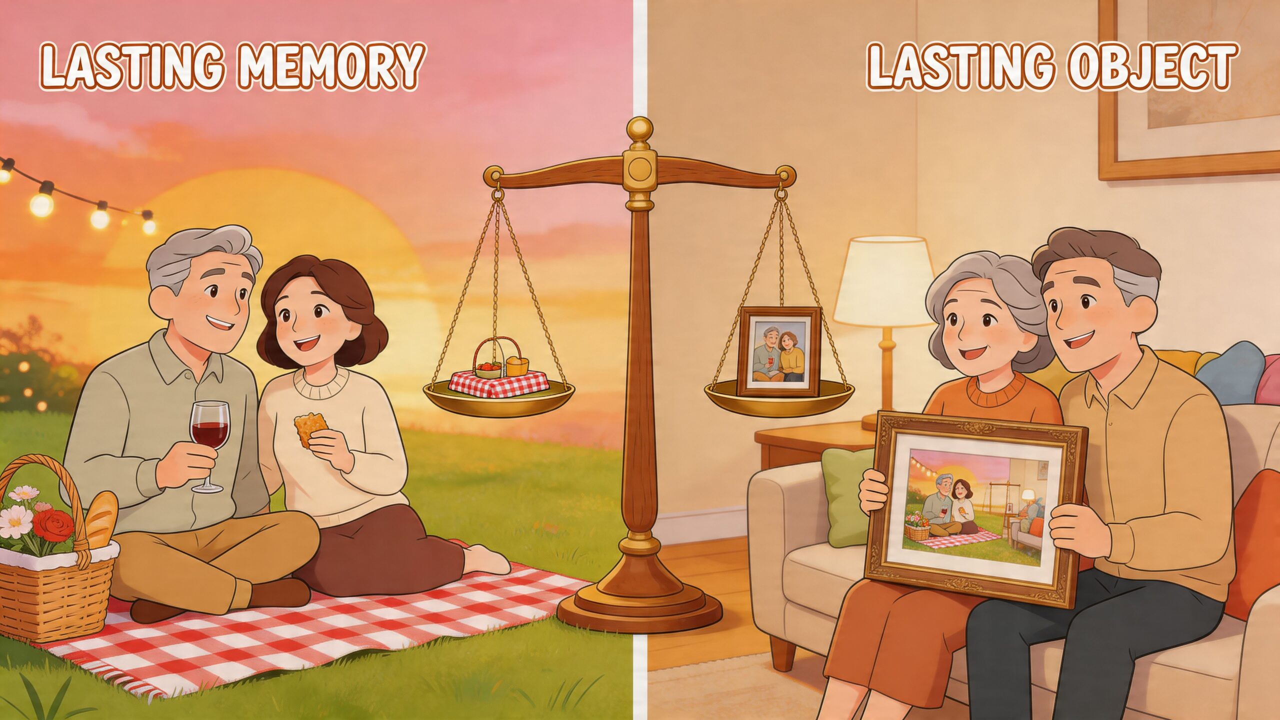 A conceptual illustration contrasting a shared sunset picnic memory with a framed photograph held by an elderly couple.