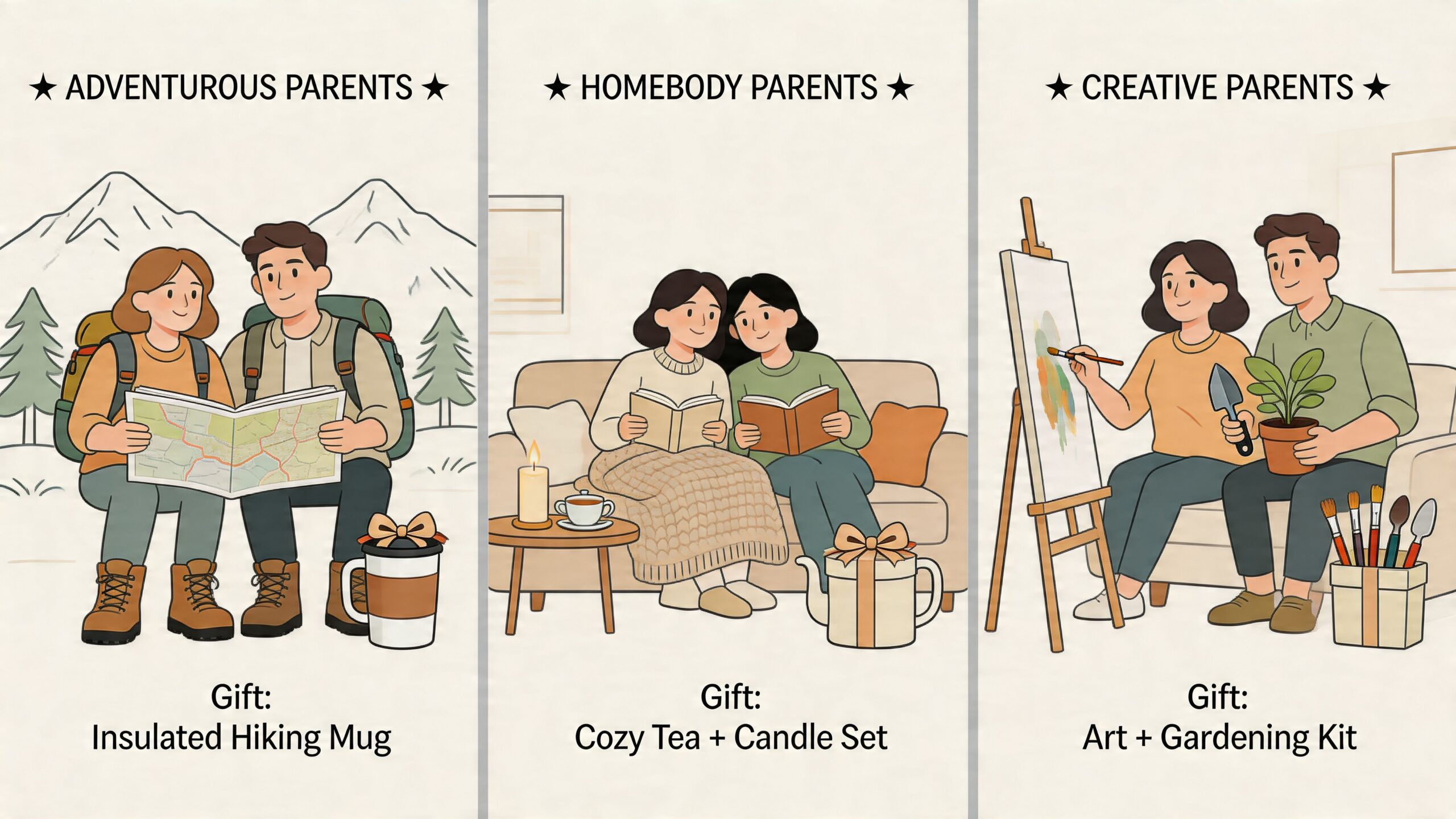 A graphic illustration categorizing gift ideas for adventurous, homebody, and creative parents, including hiking gear and art supplies.