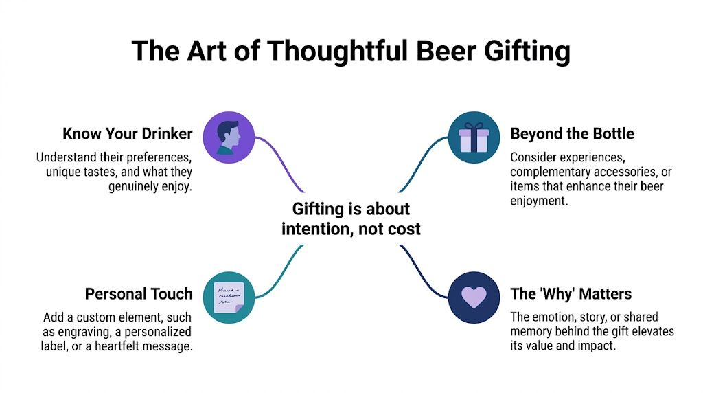 A mind map titled The Art of Thoughtful Beer Gifting illustrating four key tips for thoughtful presents.