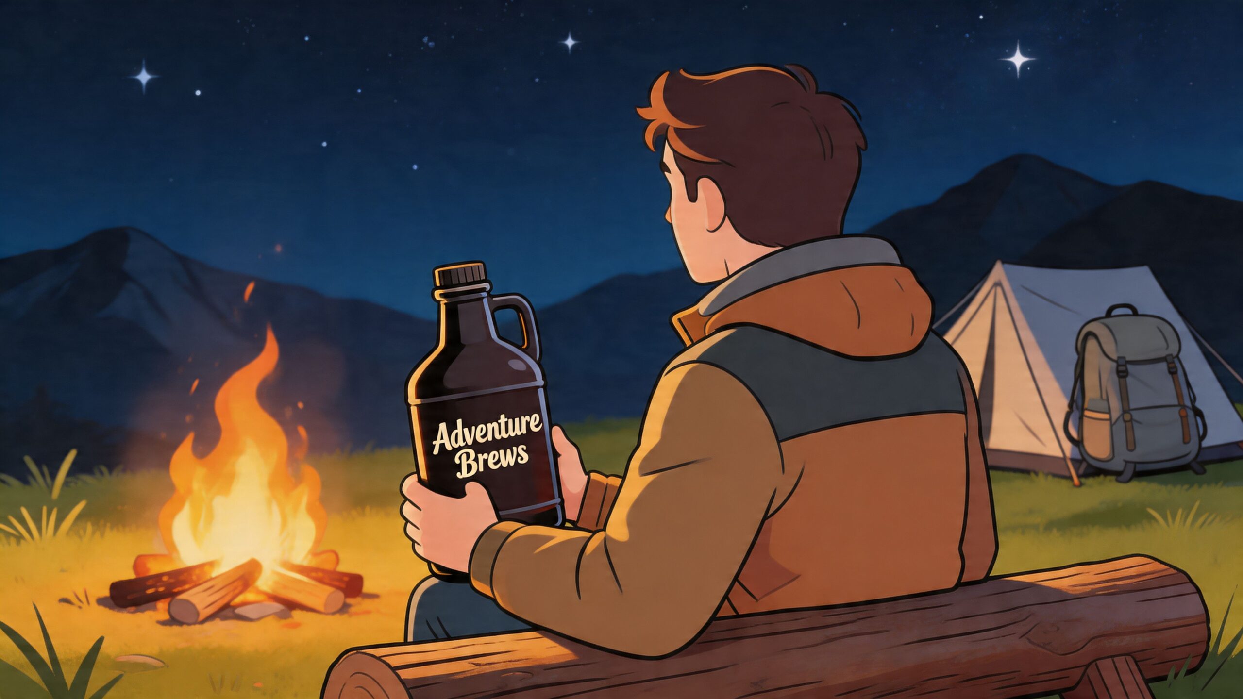 A person sitting on a log by a campfire at night holding a growler of Adventure Brews beer.