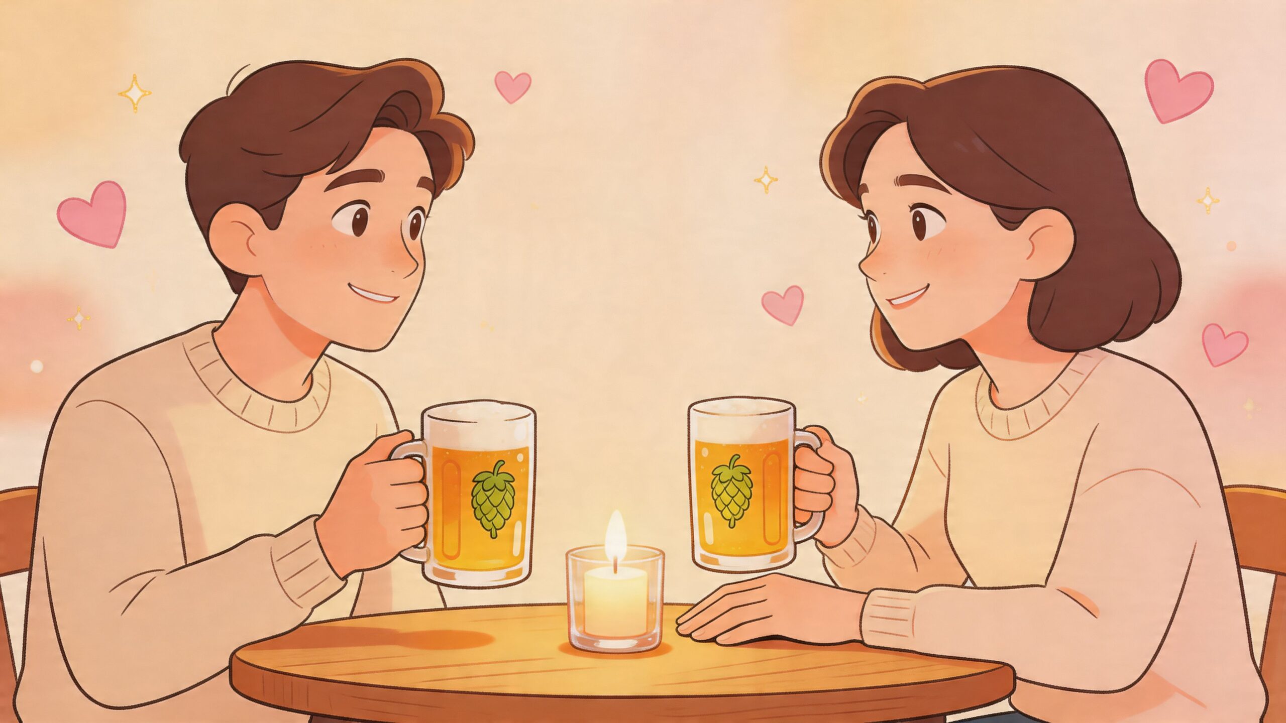 A young couple in cozy sweaters smiling at each other while sharing beer mugs at a date.