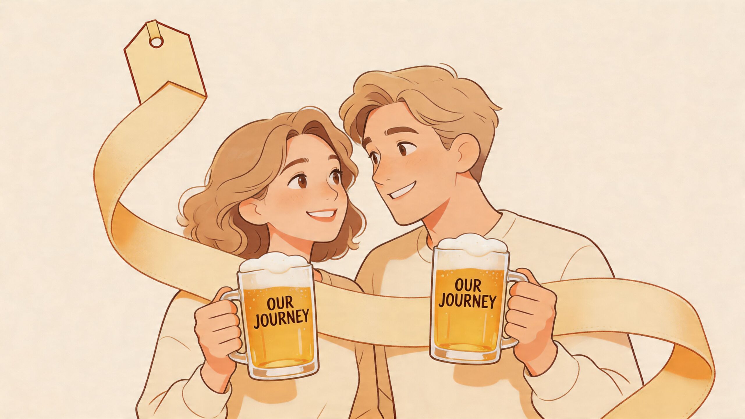 A happy couple celebrating with matching beer mugs labeled Our Journey against a warm background.