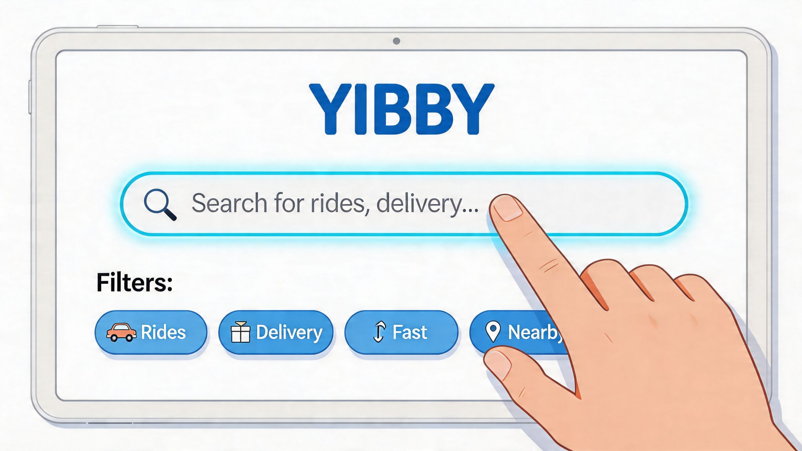 A digital tablet screen displaying the Yibby app interface with a hand interacting with the search bar.