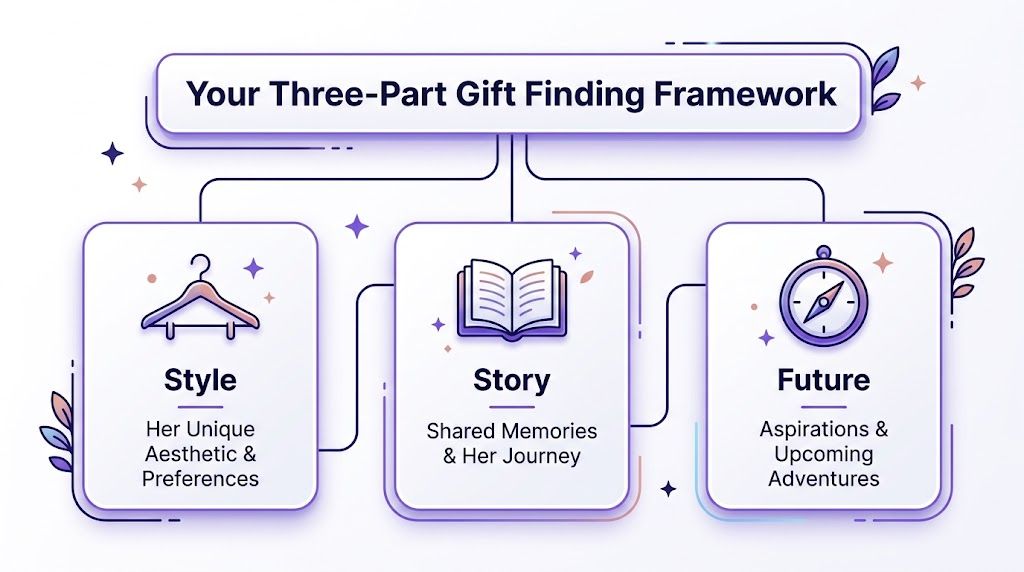 A visual guide illustrating a three-part framework for selecting meaningful gifts: Style, Story, and Future.