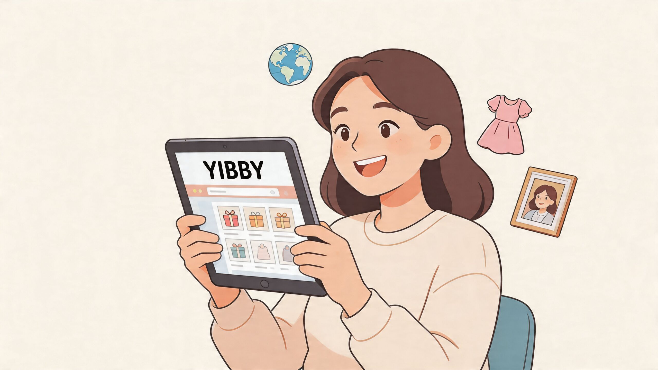 A happy woman holding a tablet with the Yibby shopping app showing various gift icons and items.