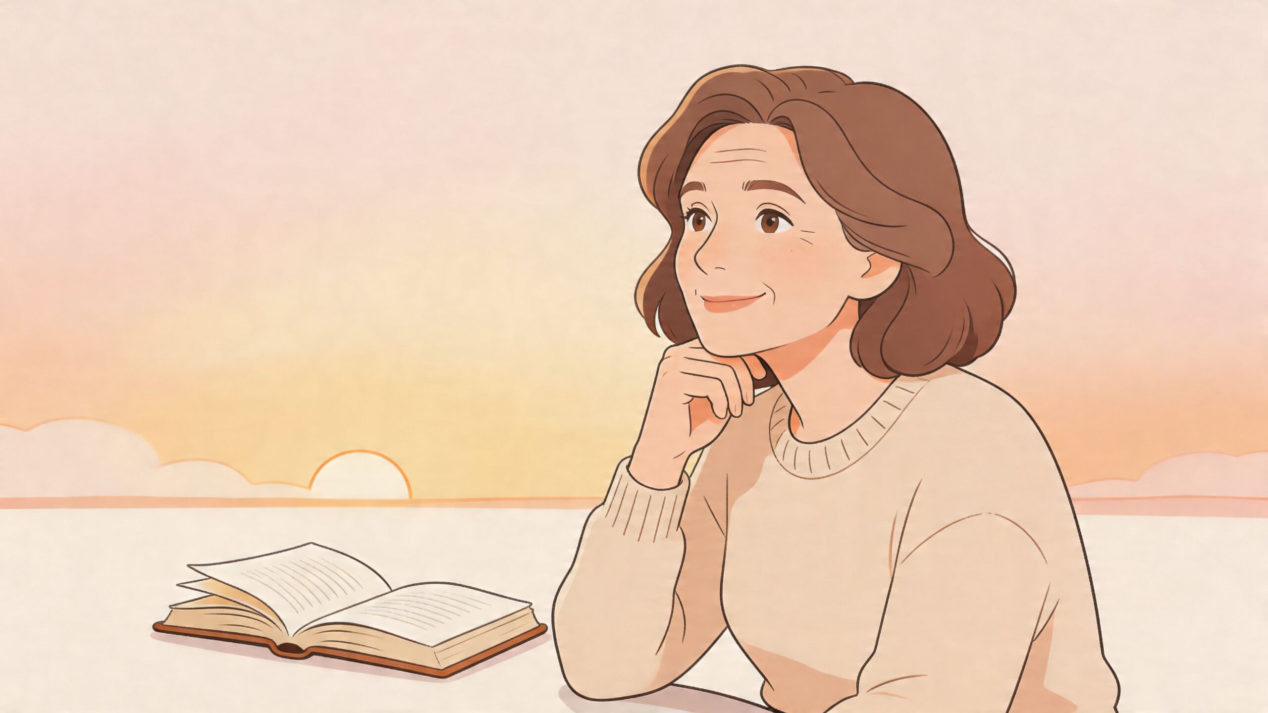 A gentle illustration of a woman in her fifties resting her chin on her hand while reading.