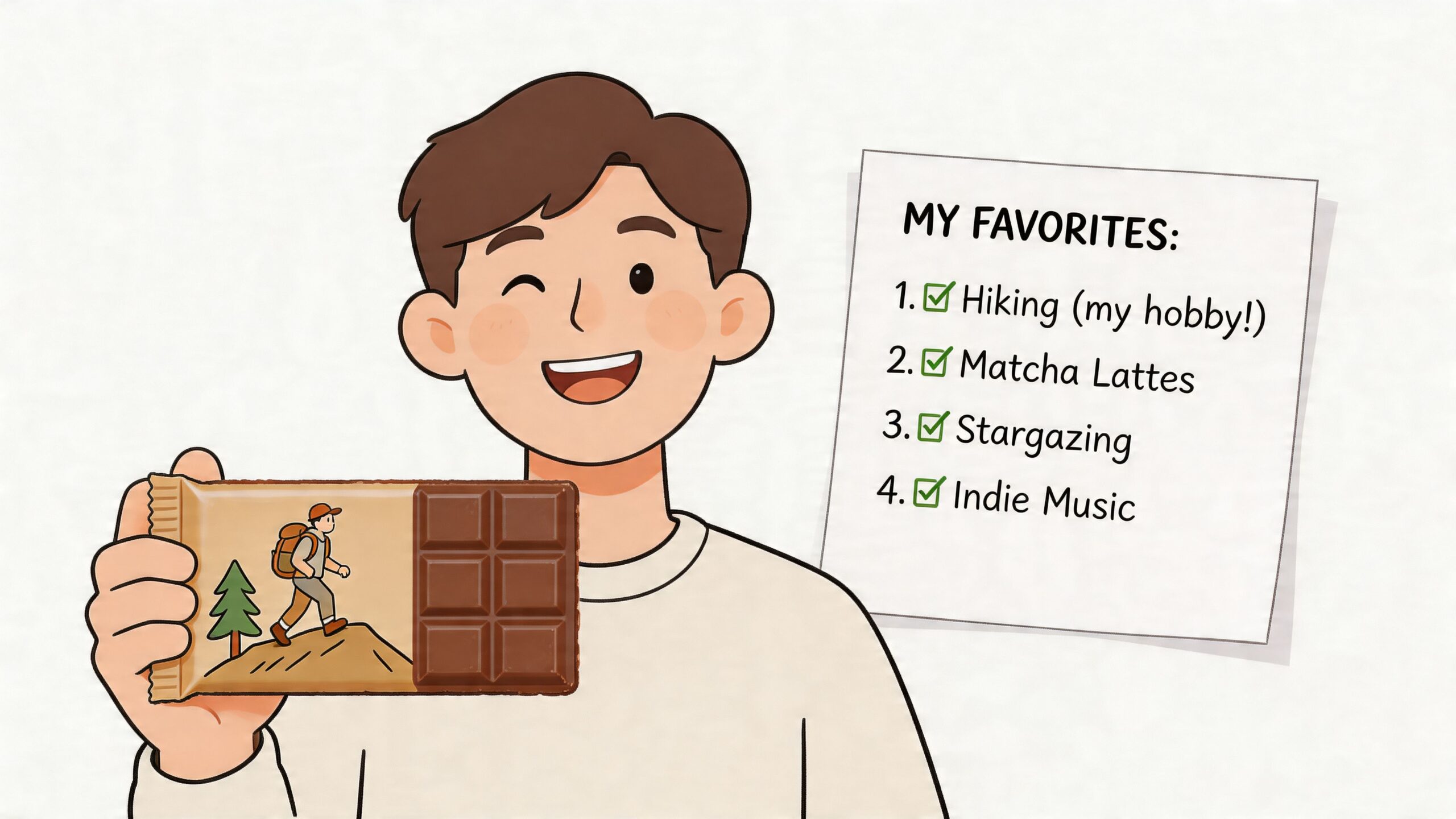 An illustration of a young man holding a chocolate bar next to a list of his favorite things.
