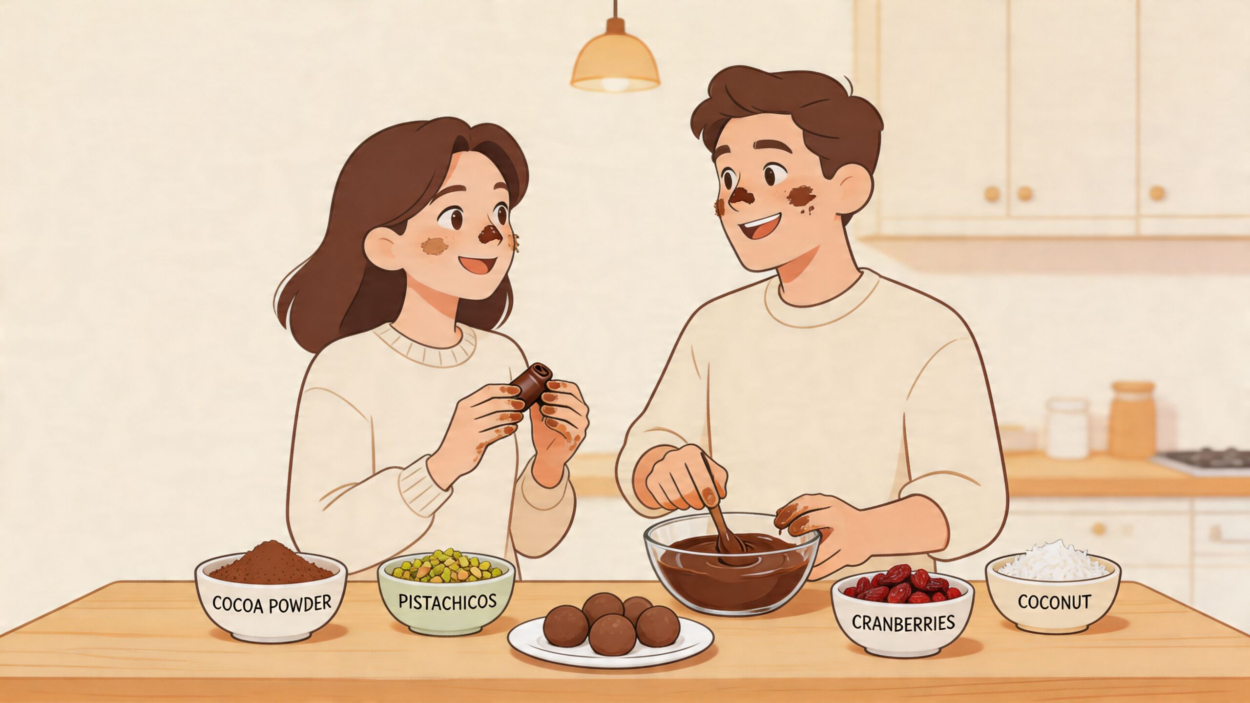 A happy couple preparing homemade chocolate treats together in a cozy kitchen setting, with various ingredients nearby.