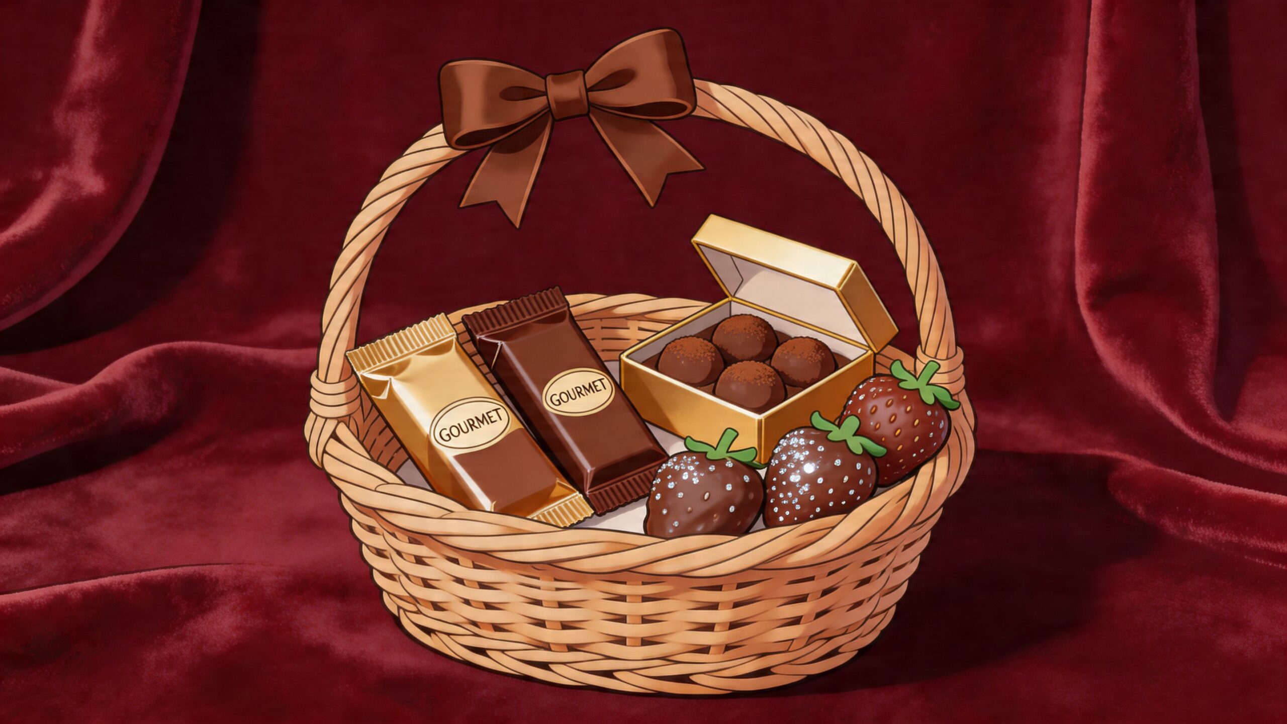 A wicker gift basket filled with gourmet chocolate bars, truffles in a gold box, and chocolate covered strawberries.