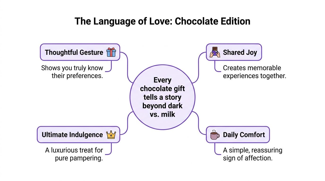 A mind map illustrating how chocolate gifts convey affection through thoughtfulness, shared joy, indulgence, and comfort.