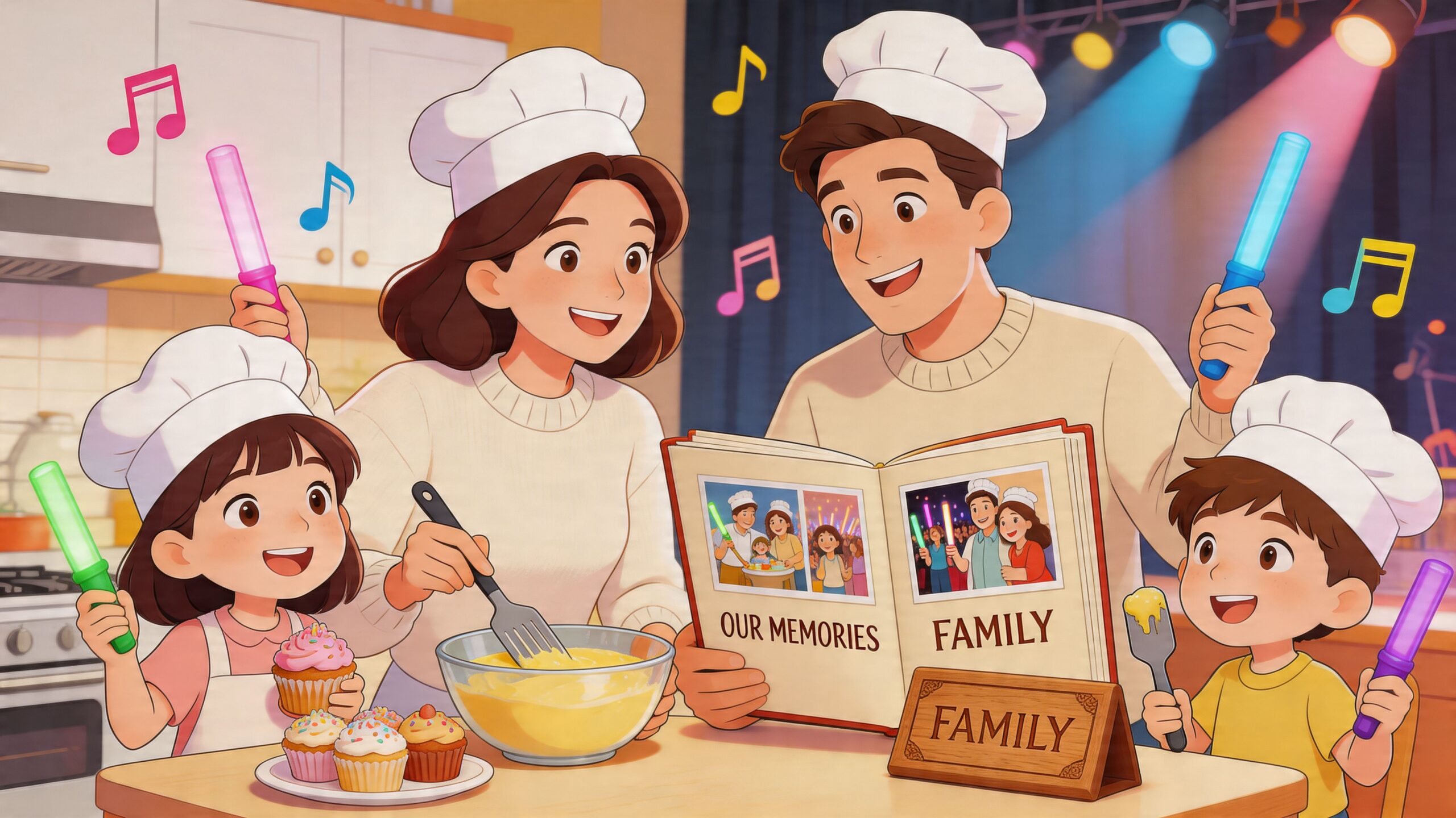 A happy family in chef hats baking cupcakes together while looking at a photo album in the kitchen.