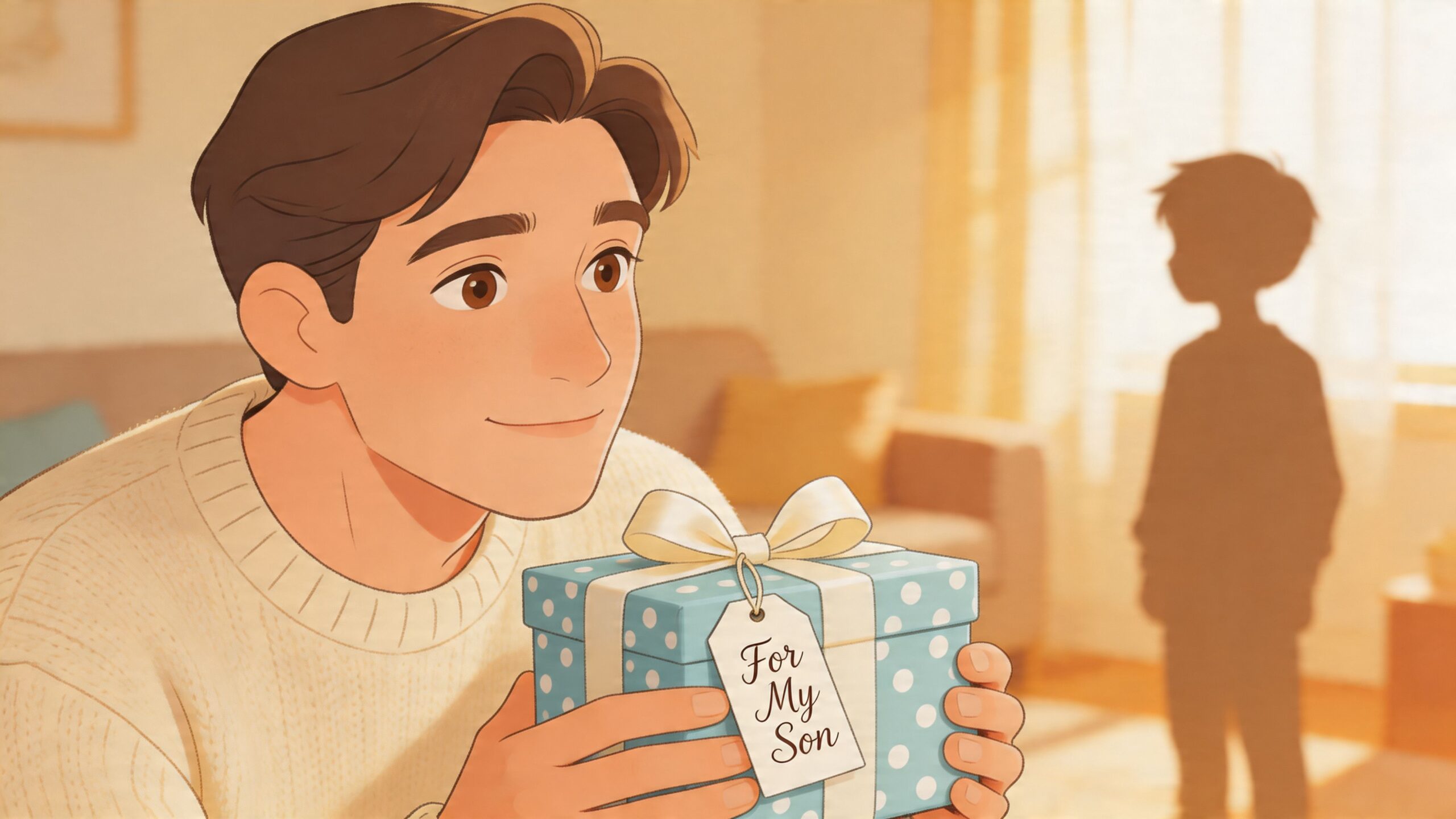 A warm, illustrated scene of a man smiling while holding a gift tagged for his son.