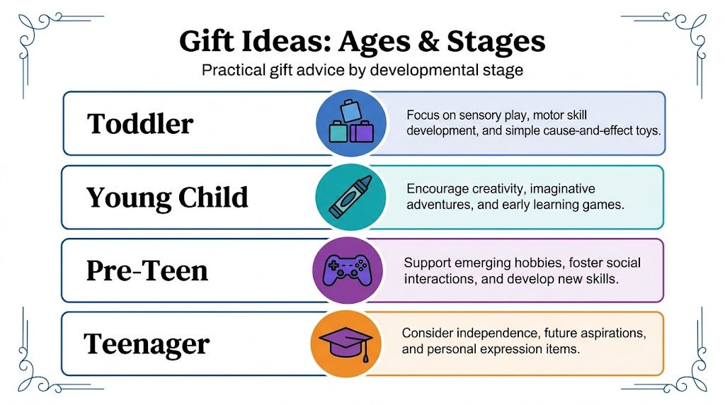A chart showing gift ideas for different developmental stages including toddlers, young children, pre-teens, and teenagers.
