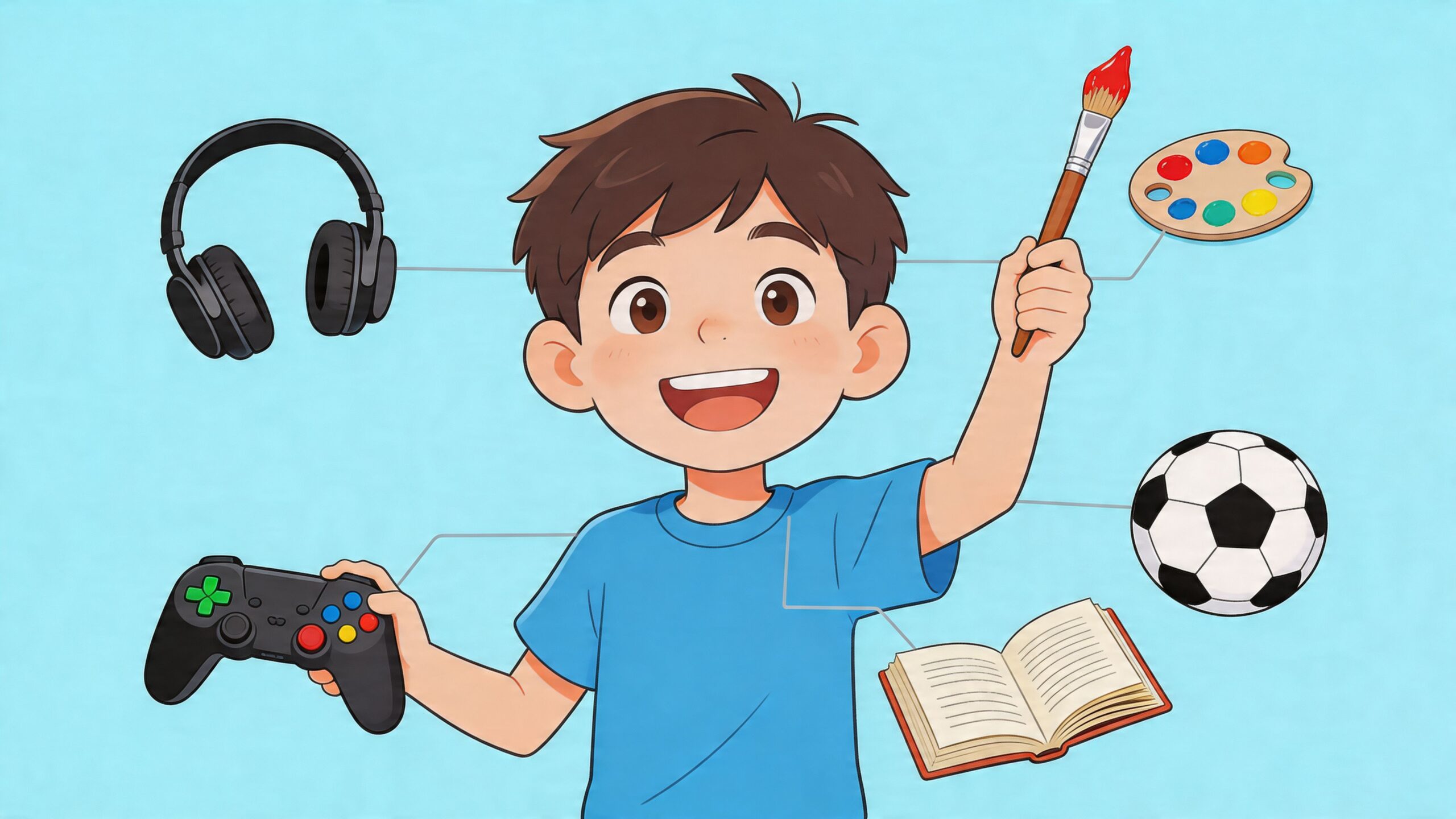 A joyful young boy holding a paintbrush, surrounded by various hobby items like headphones, gaming controller, ball, and book.