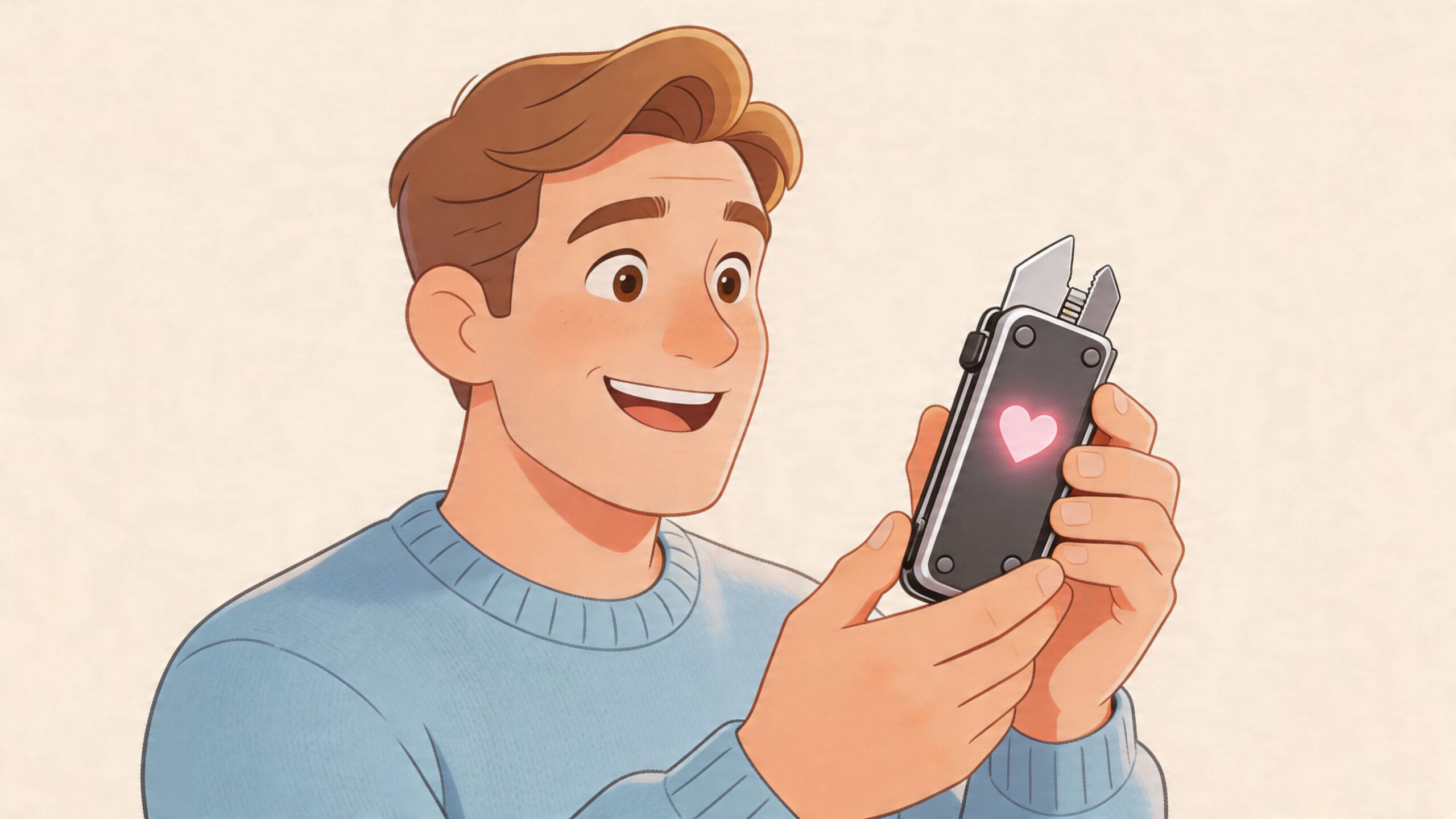 A happy young man holding a black multi-tool with a glowing pink heart symbol on the handle.