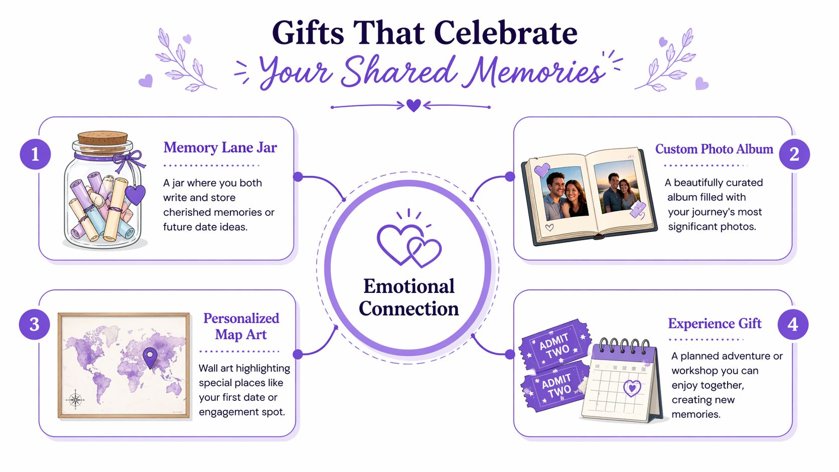 An infographic titled Gifts That Celebrate Your Shared Memories featuring four personalized gift ideas for couples.