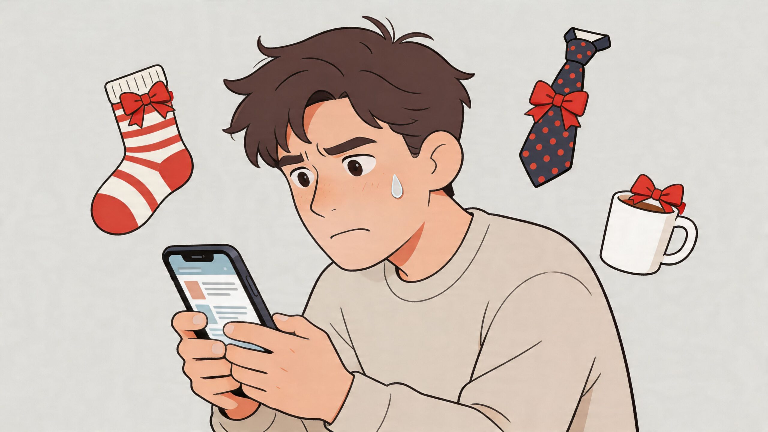 A worried young man looking at his smartphone, surrounded by floating illustrations of socks, tie, and mug.
