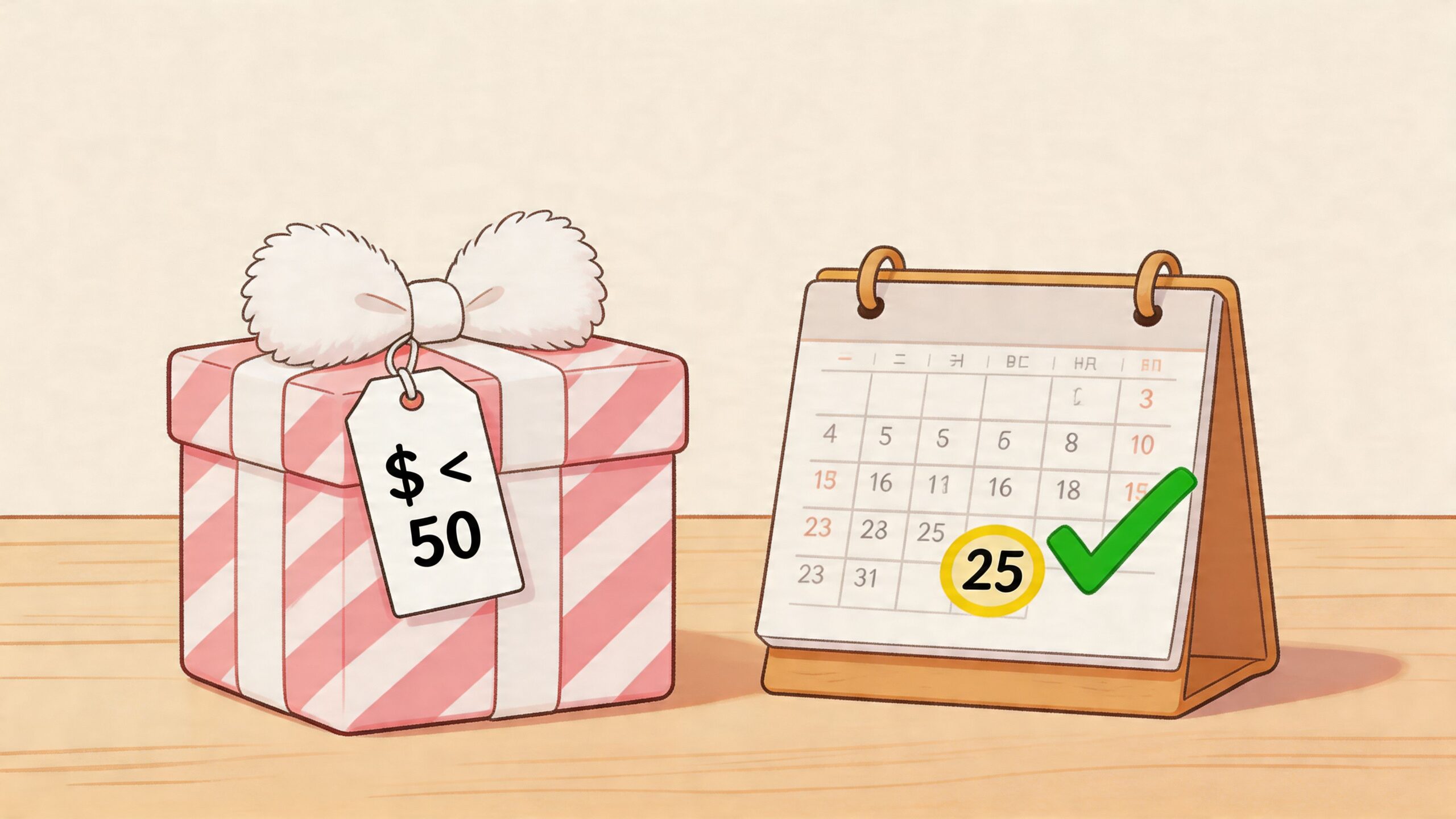 A gift box with a tag saying price is less than fifty dollars next to a calendar.