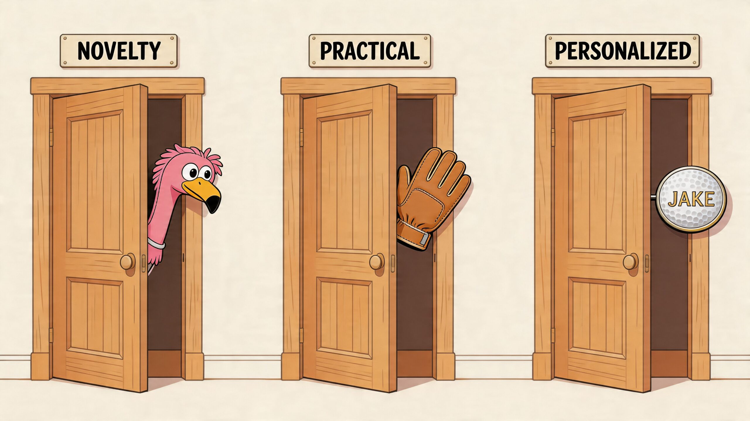 Three open doors labeled novelty, practical, and personalized with gifts like a flamingo, glove, and golf ball.