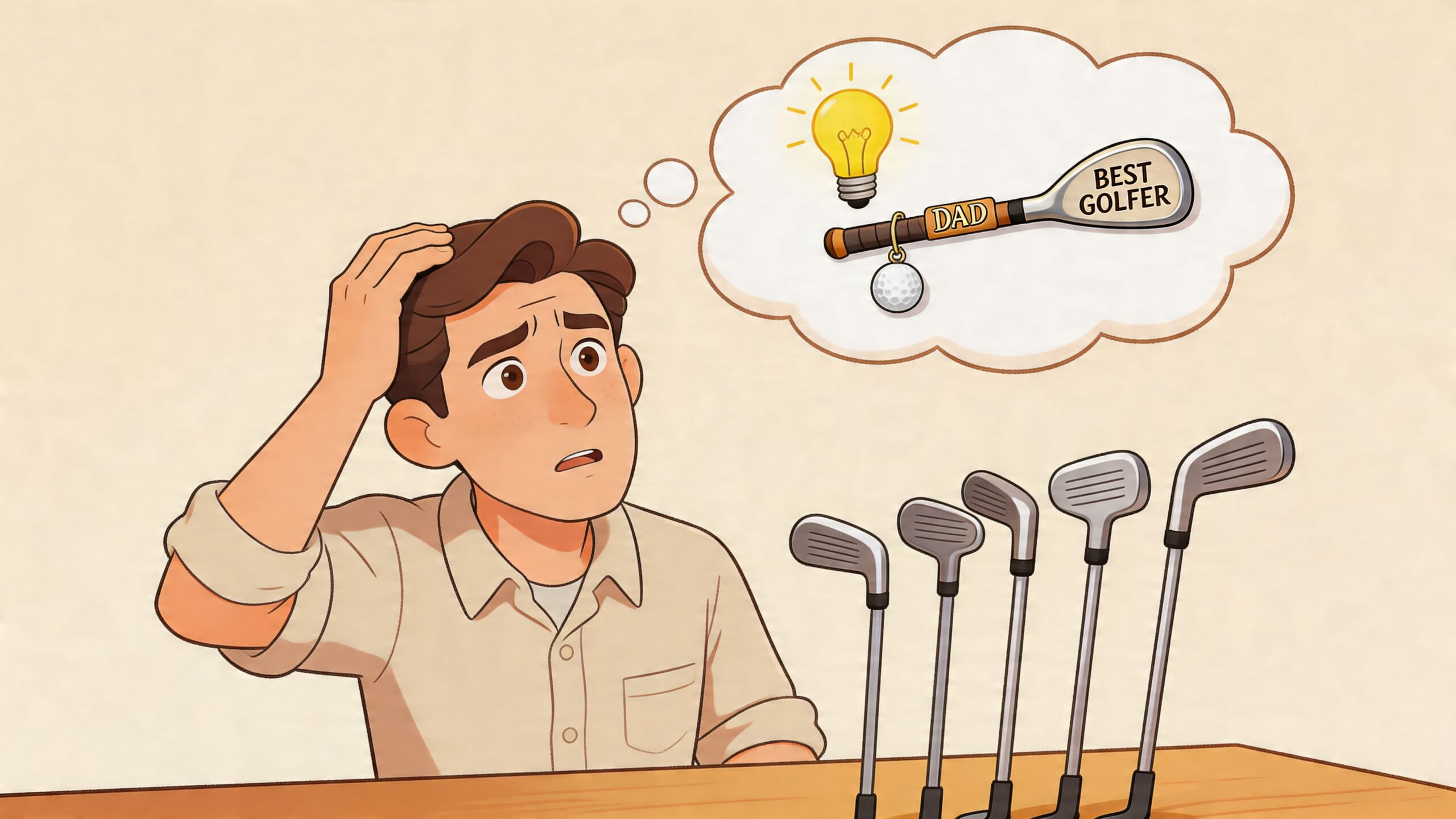 A confused young man considering personalized golf club gift ideas for his father on a wooden table.