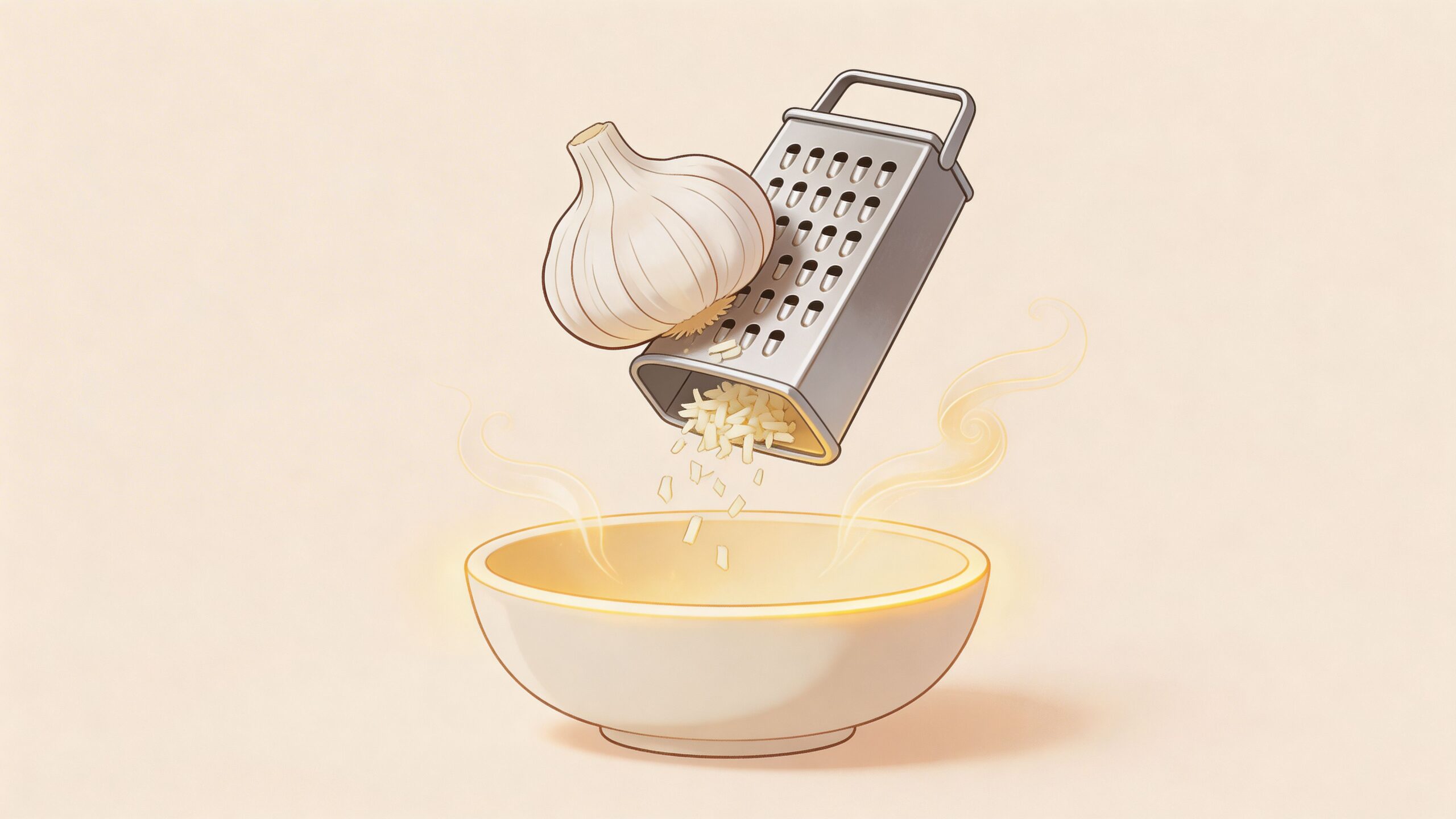 A garlic bulb being grated into a bowl with an illustration style and warm glow effect.