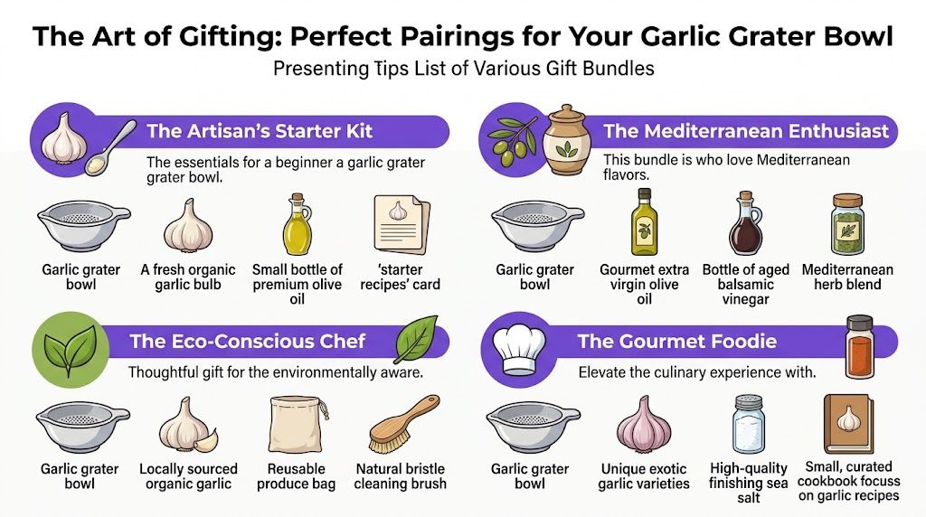 An infographic titled The Art of Gifting showcasing four distinct curated gift bundle ideas for garlic grater bowls.
