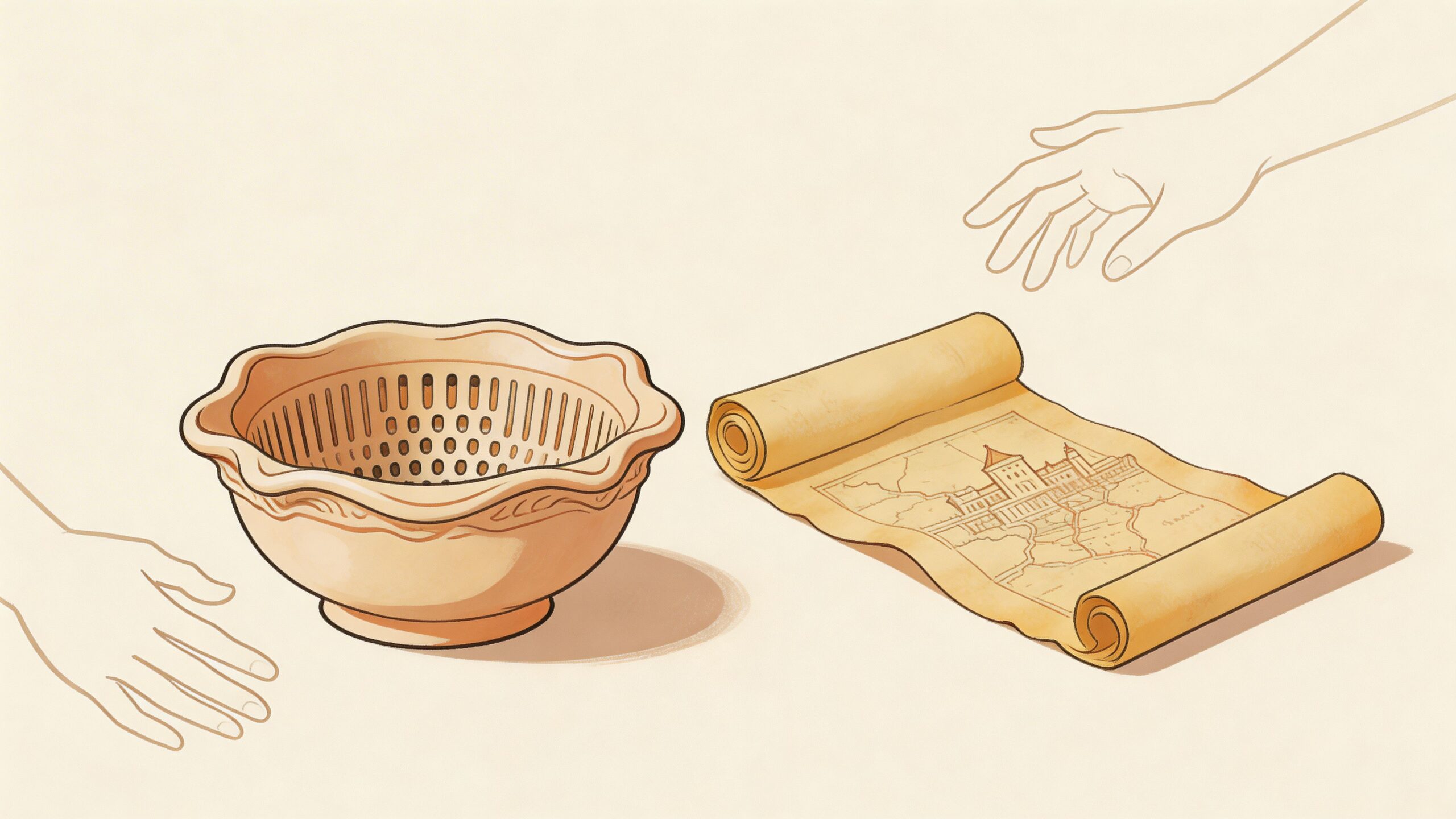 A ceramic garlic grater bowl and a parchment map scroll being reached for by two hands.