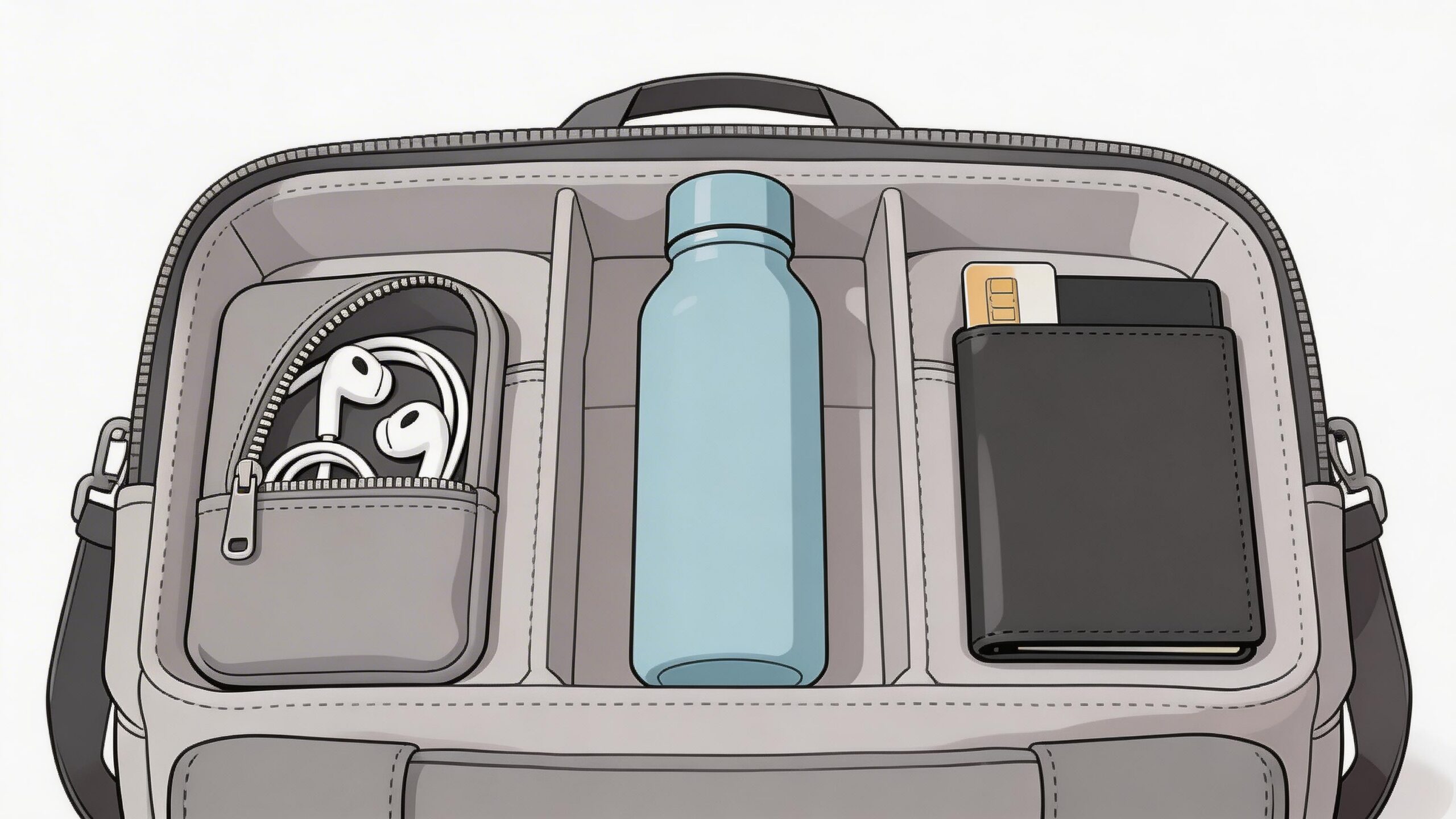 A professional gray bag organizer containing a water bottle, a wallet with a card, and wired earbuds.