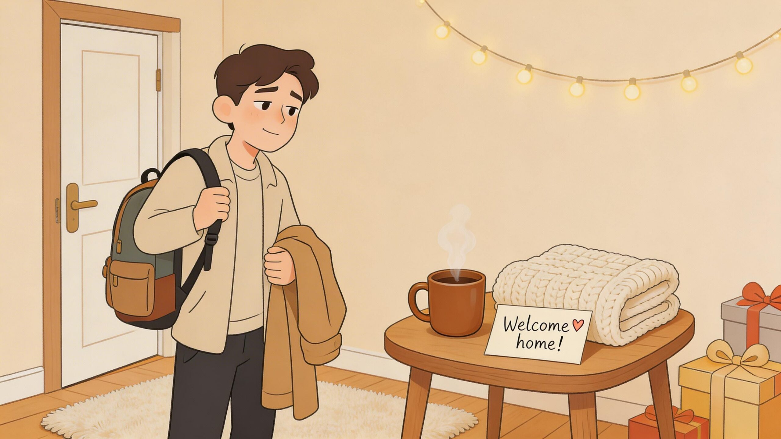 A young man arriving home carrying a backpack and jacket to find a warm welcome waiting