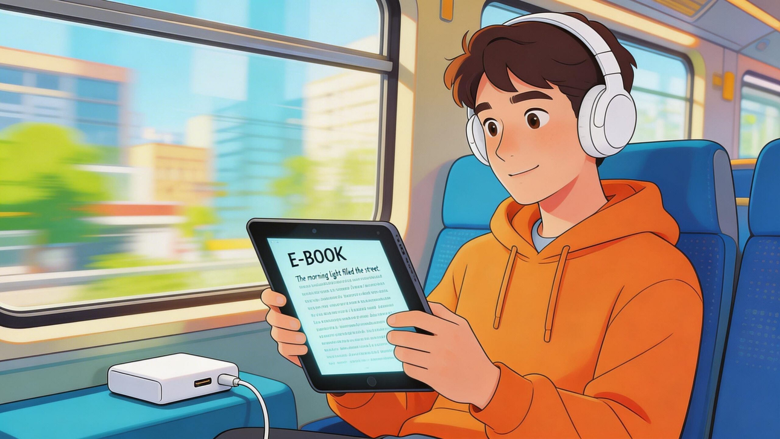 A young man wearing headphones reads an e-book on a tablet while traveling on a train.
