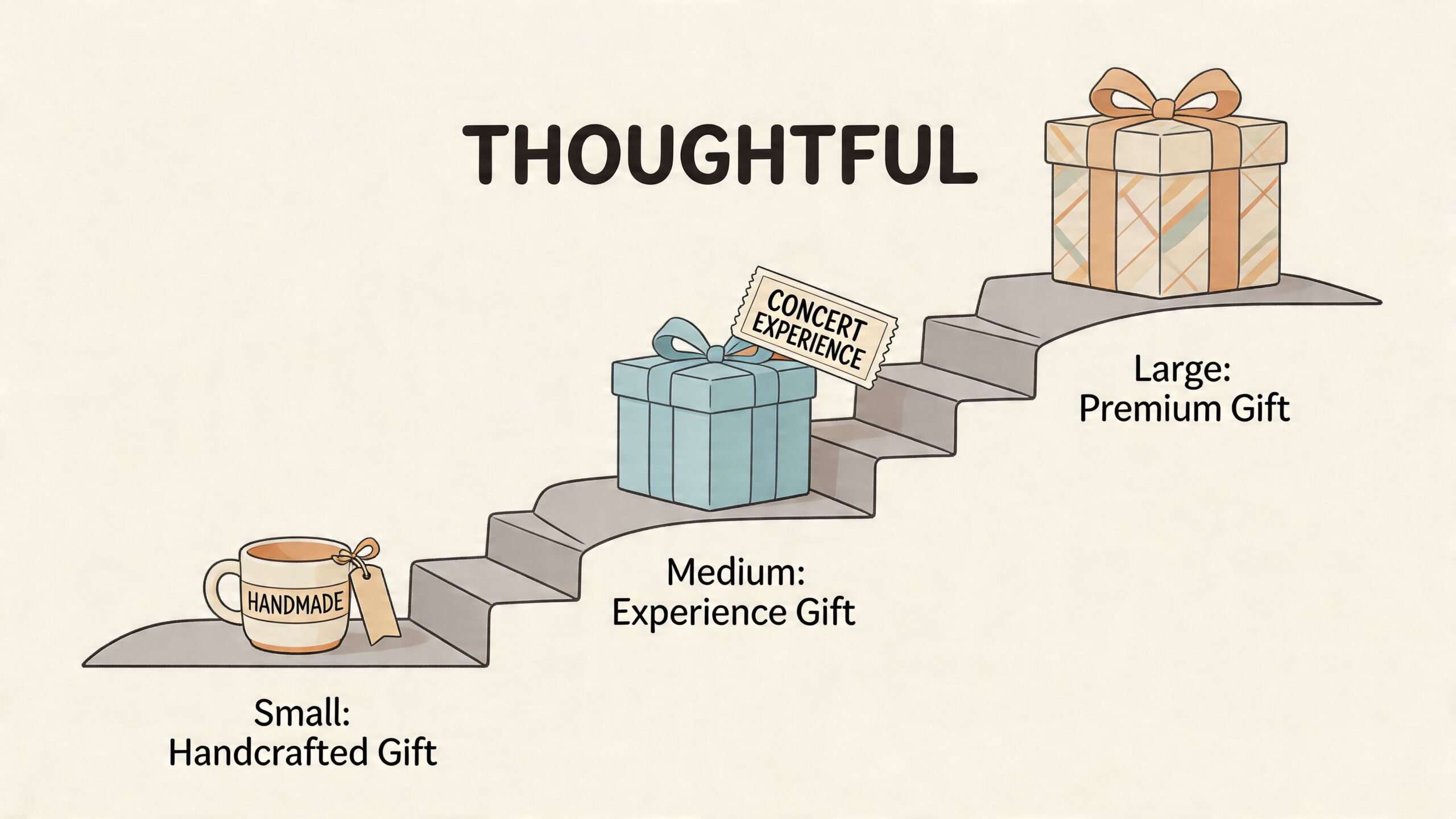 A staircase illustration showing three levels of gift giving from handmade to premium, titled Thoughtful.