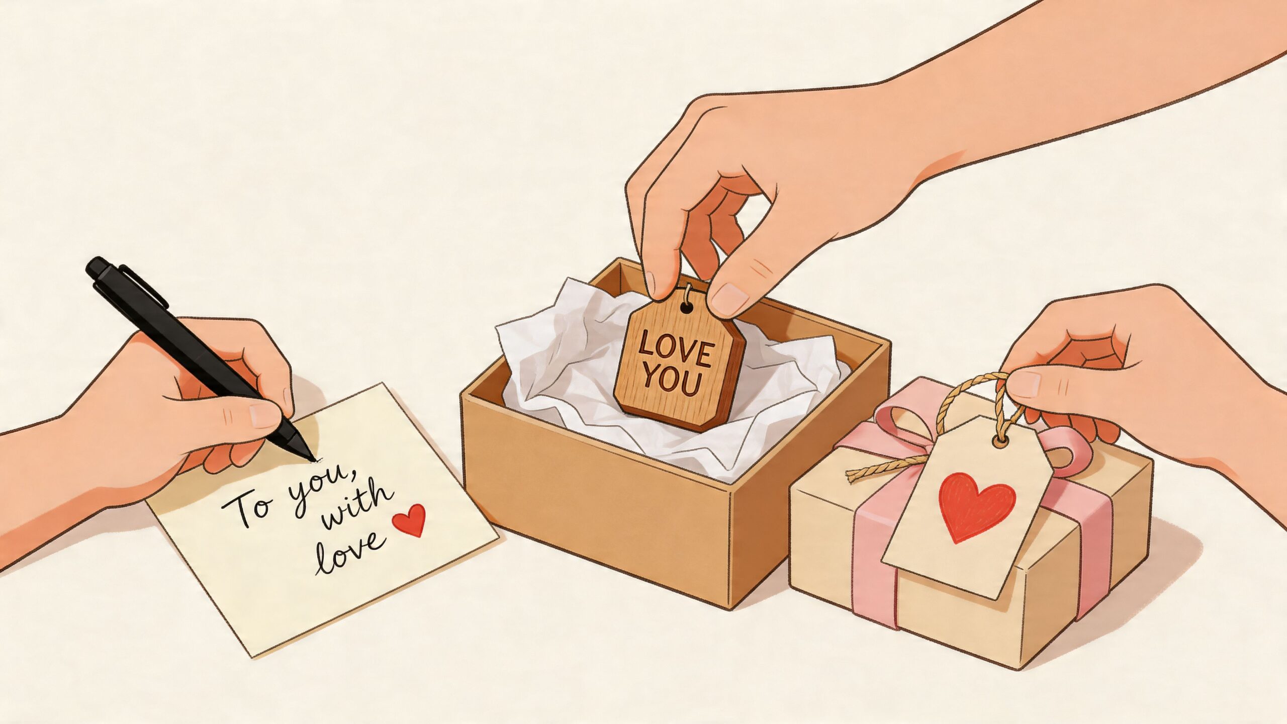 A hand writing a note next to an open gift box containing a wooden love message tag.