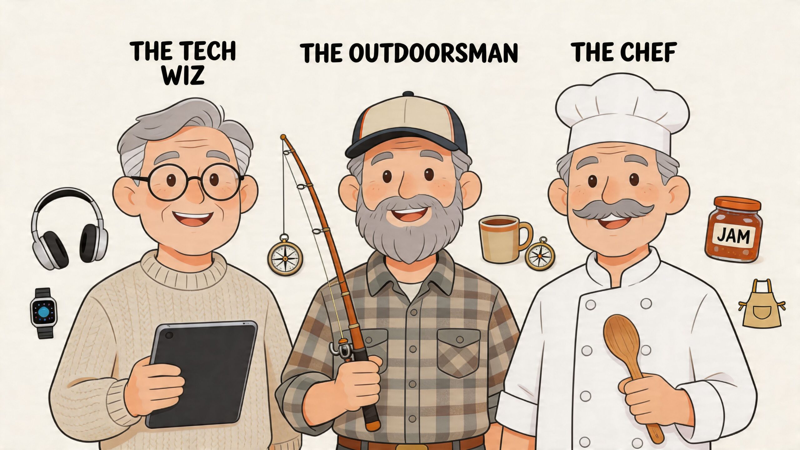 A digital illustration of three cheerful elderly men representing a tech wizard, an outdoorsman, and a chef.