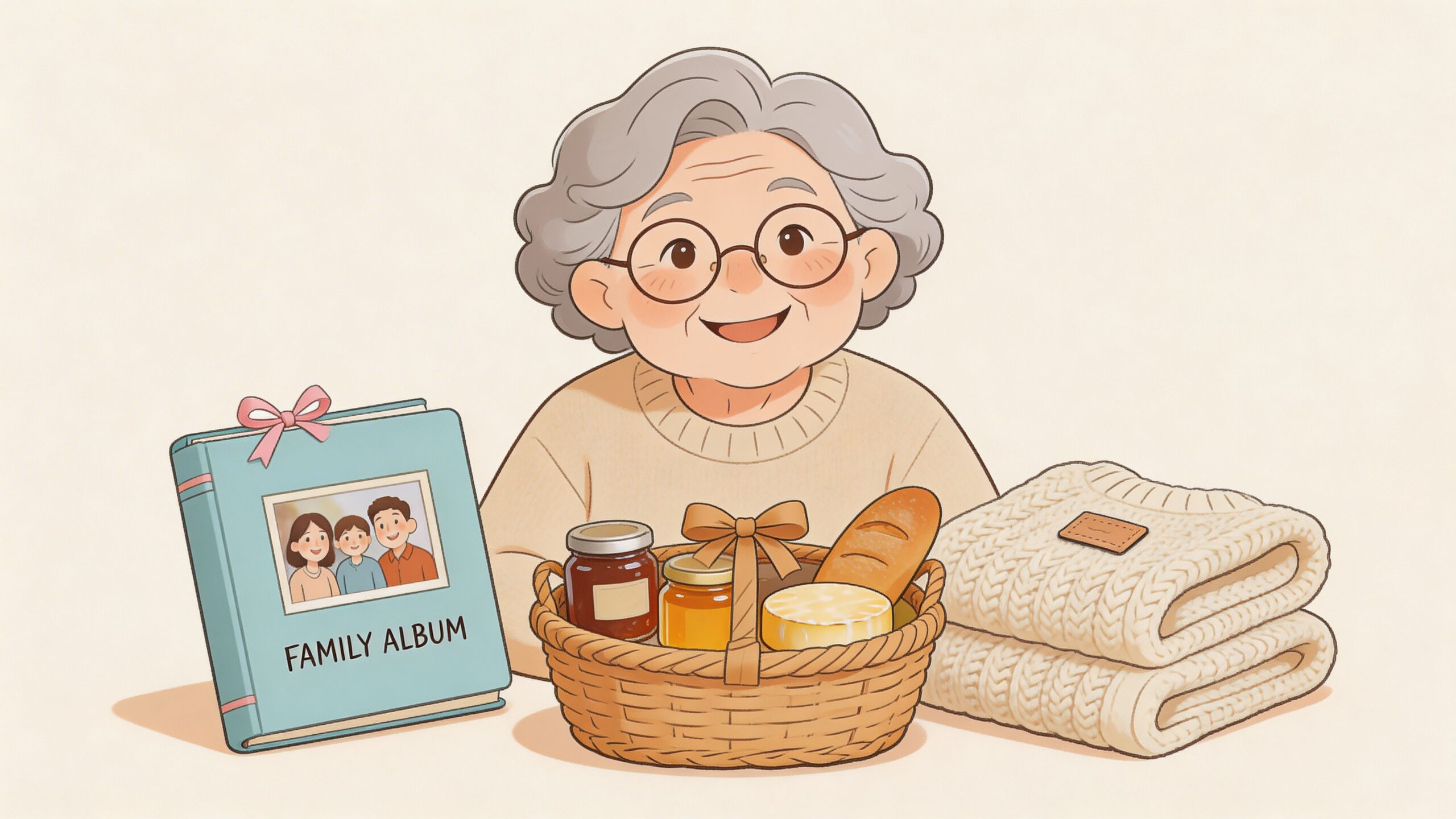 A kind grandmother smiling behind a family photo album, a gift basket, and a warm knitted sweater.
