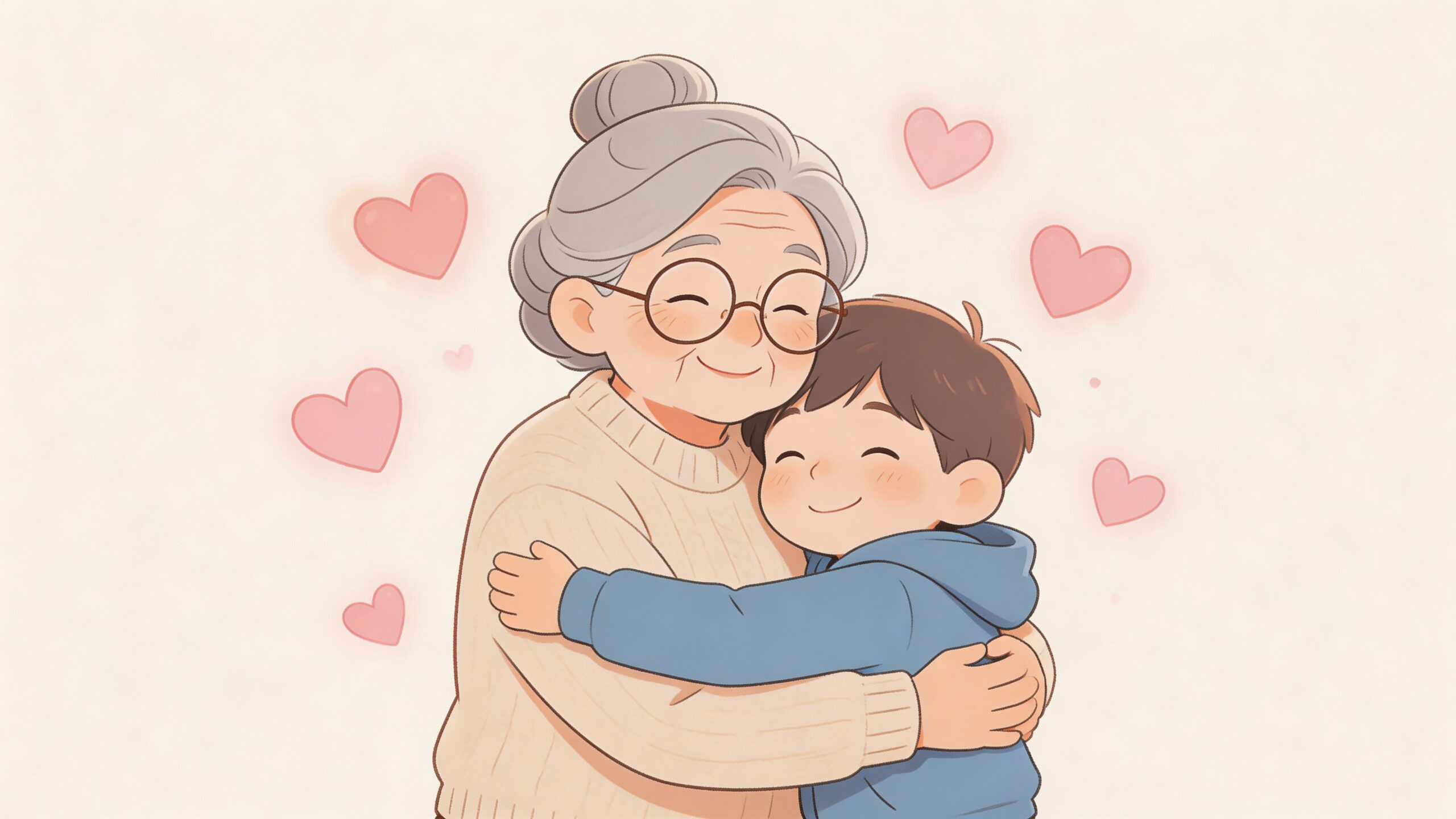 A warm digital illustration of a young boy giving his smiling grandmother a gentle, loving hug.