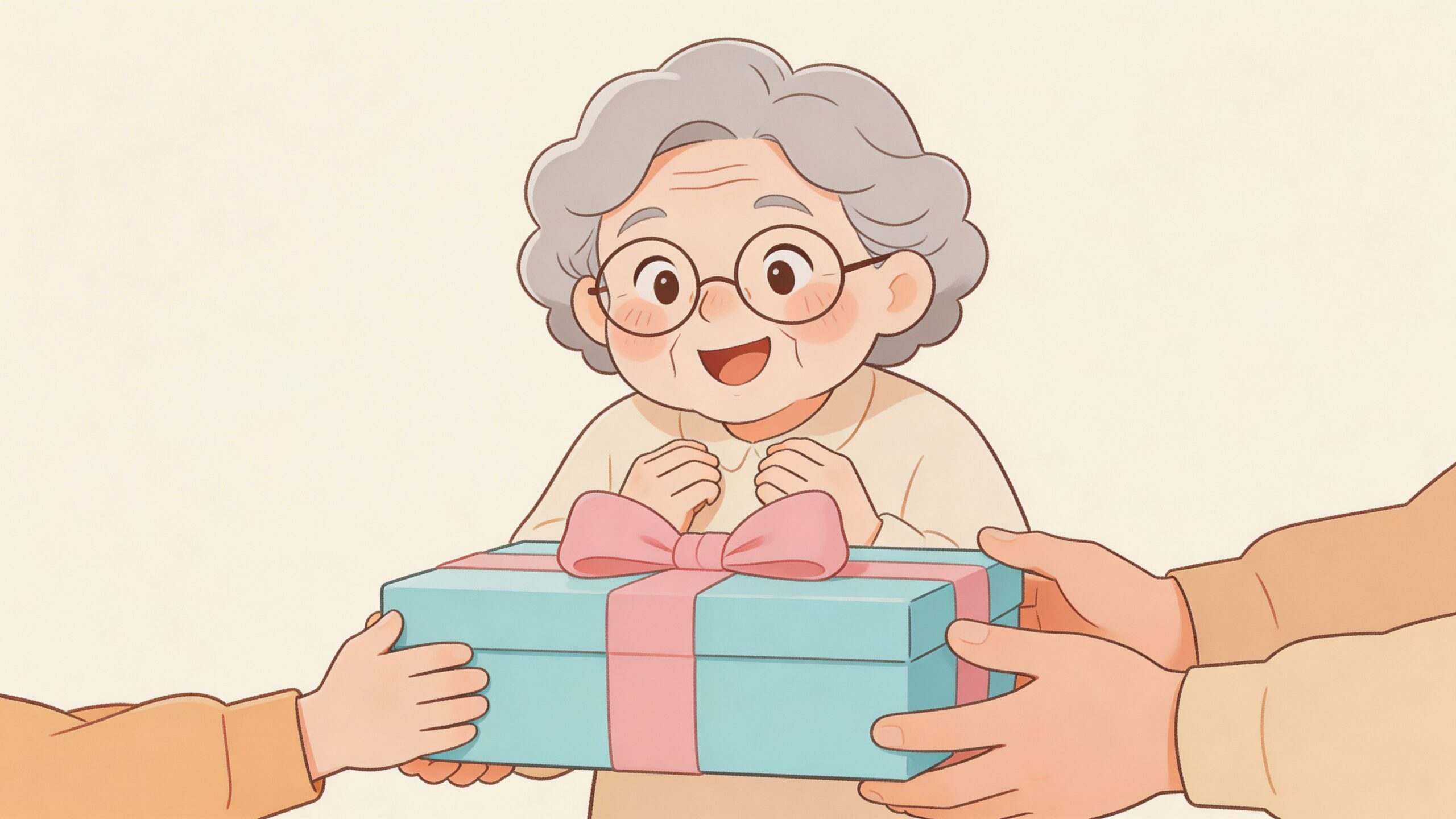 A happy grandmother with grey hair and glasses receiving a gift box wrapped with a pink ribbon.