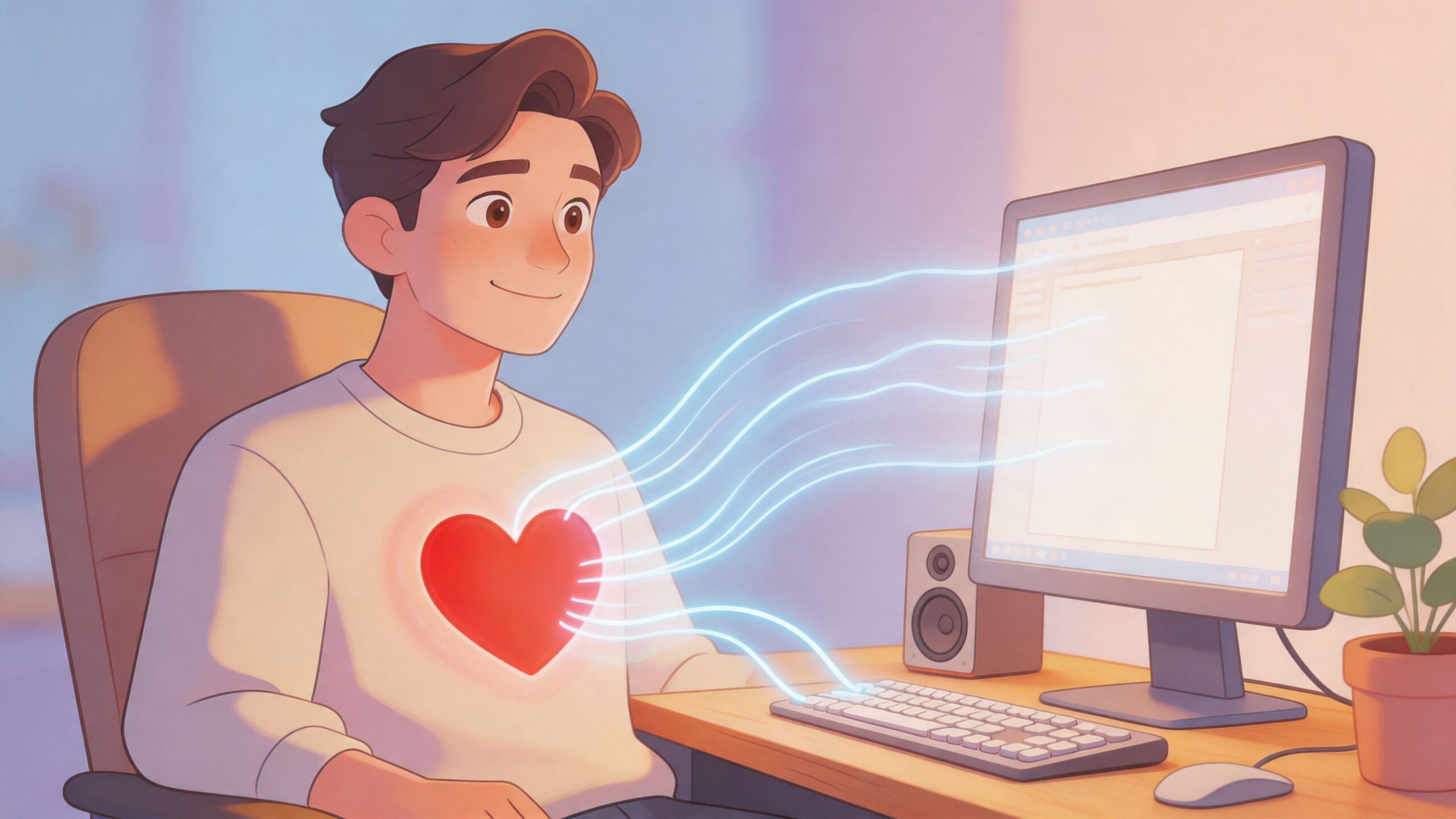 A happy young man sitting at a computer with a glowing heart transmitting energy to his keyboard.