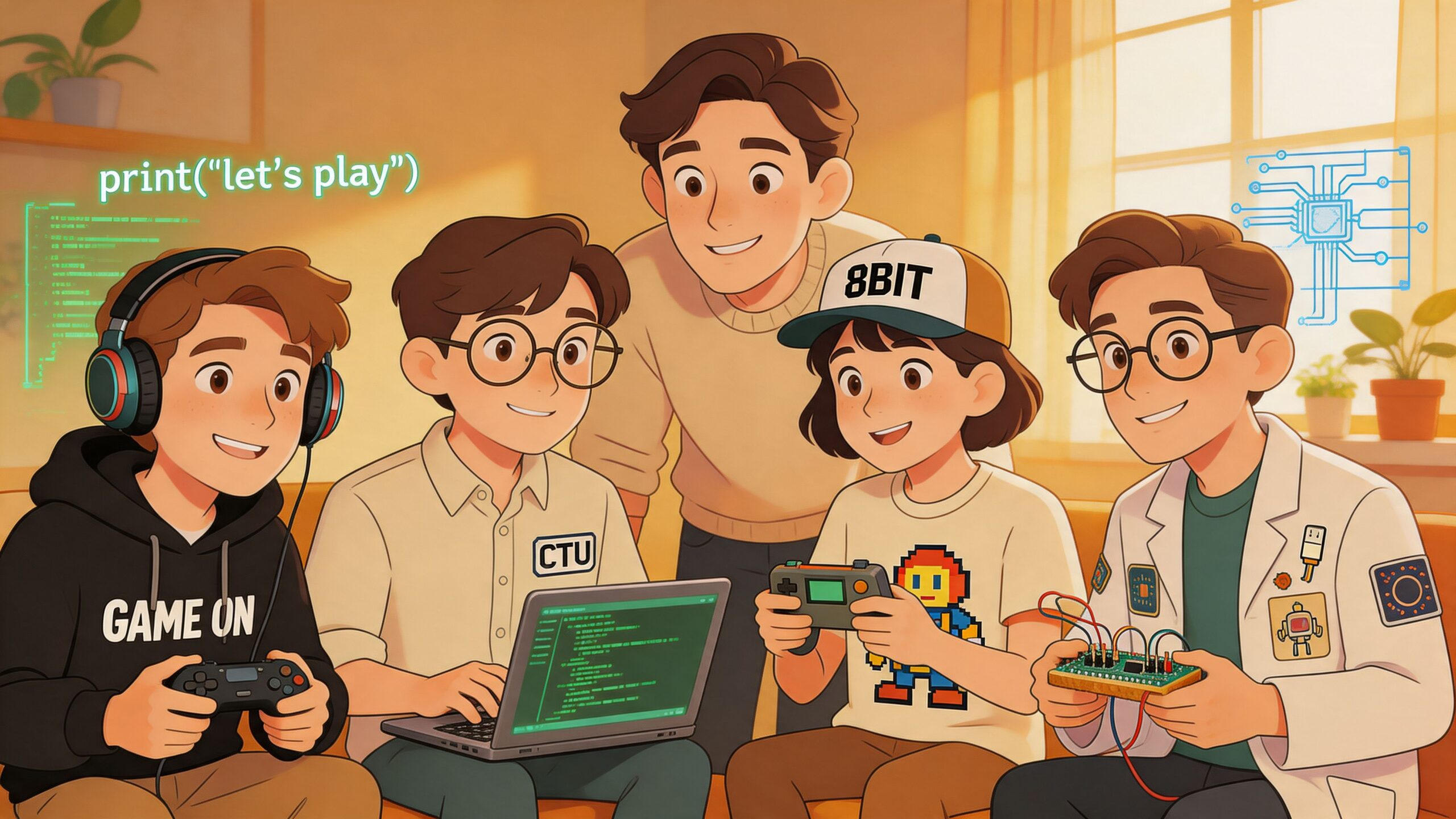 A group of young diverse friends engaging in programming, electronics, and gaming activities together.