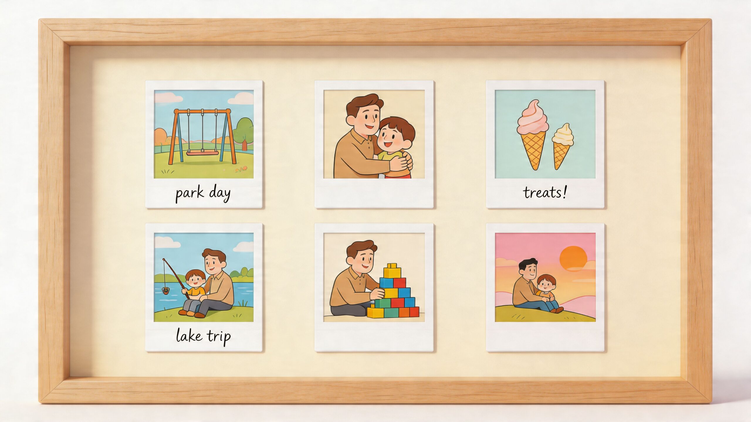 A wooden frame containing six polaroid photos showcasing heartwarming activities between a father and his young son.