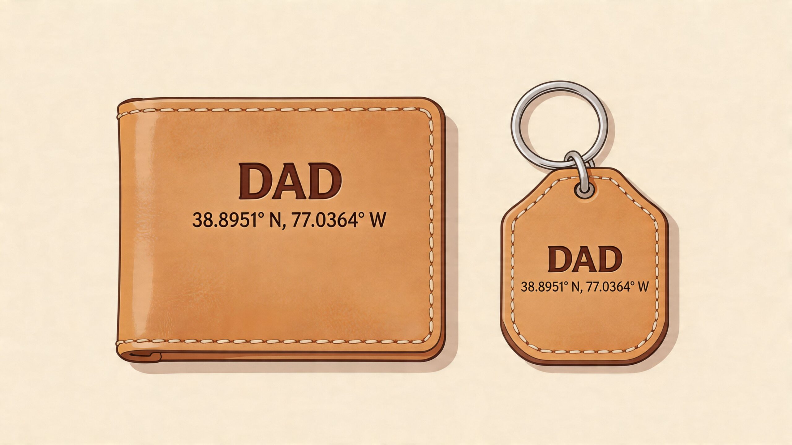 A leather wallet and keychain set both engraved with the text DAD and geographical coordinates.