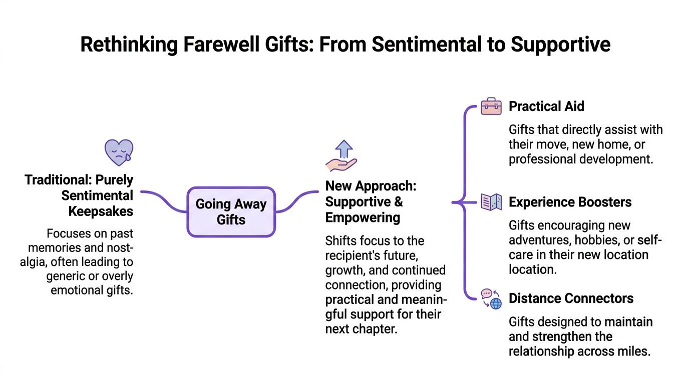 A diagram contrasting traditional sentimental farewell gifts with a new supportive and empowering approach for gift-giving.