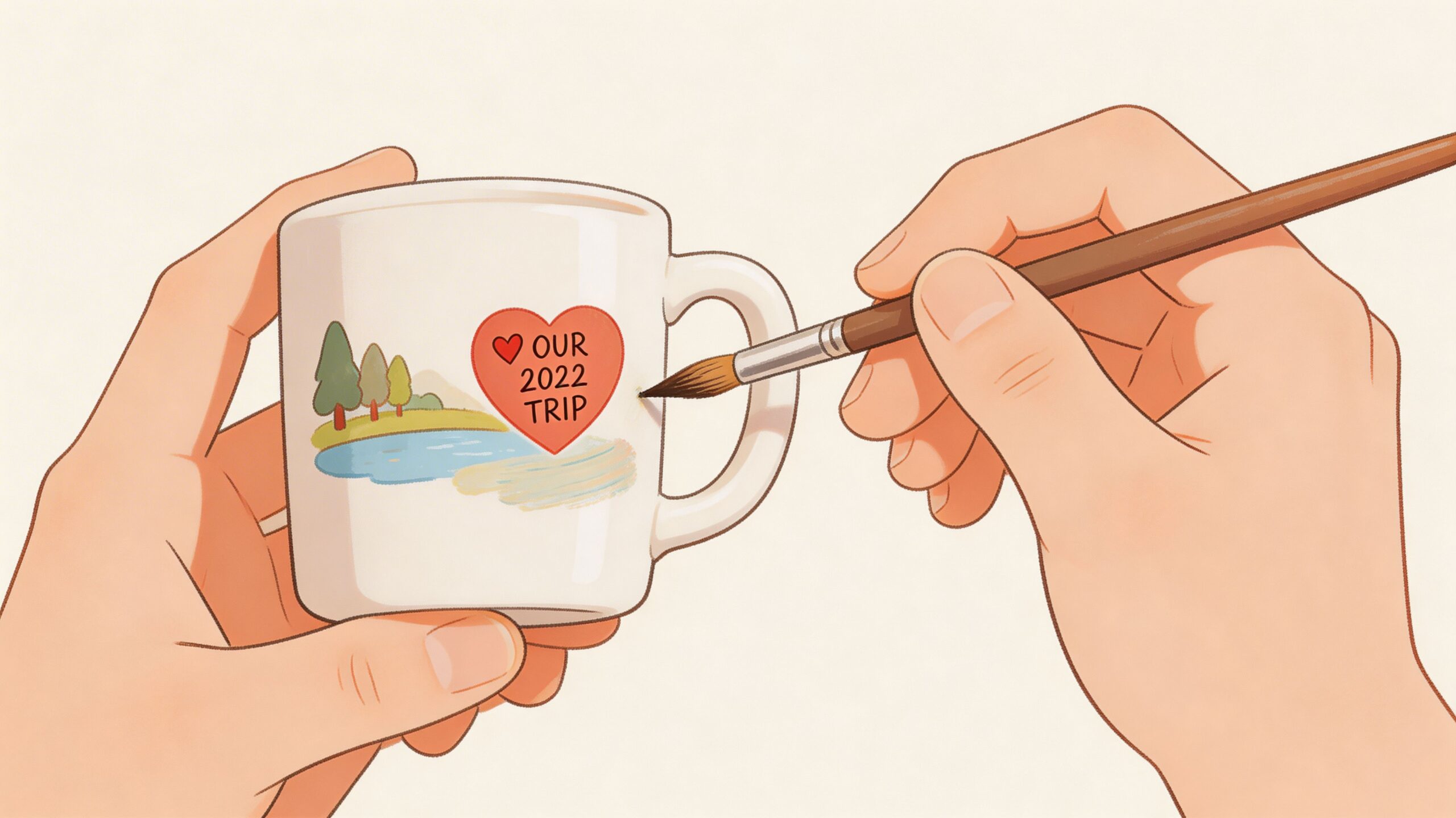 A person hand-painting a custom commemorative mug with a heart, trees, and lake design.