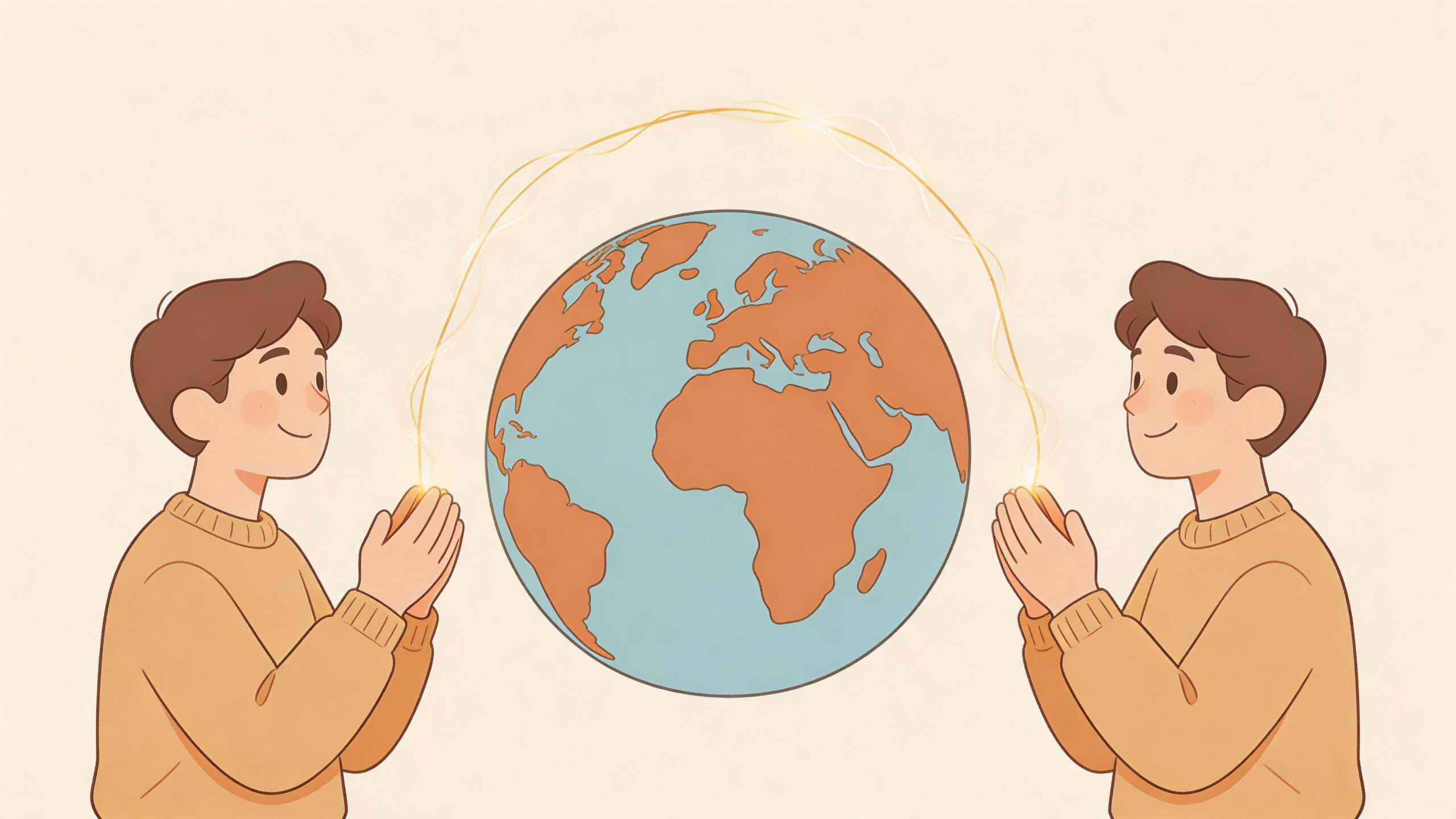 Two people standing on opposite sides of a globe, holding their hands together in a prayer gesture.