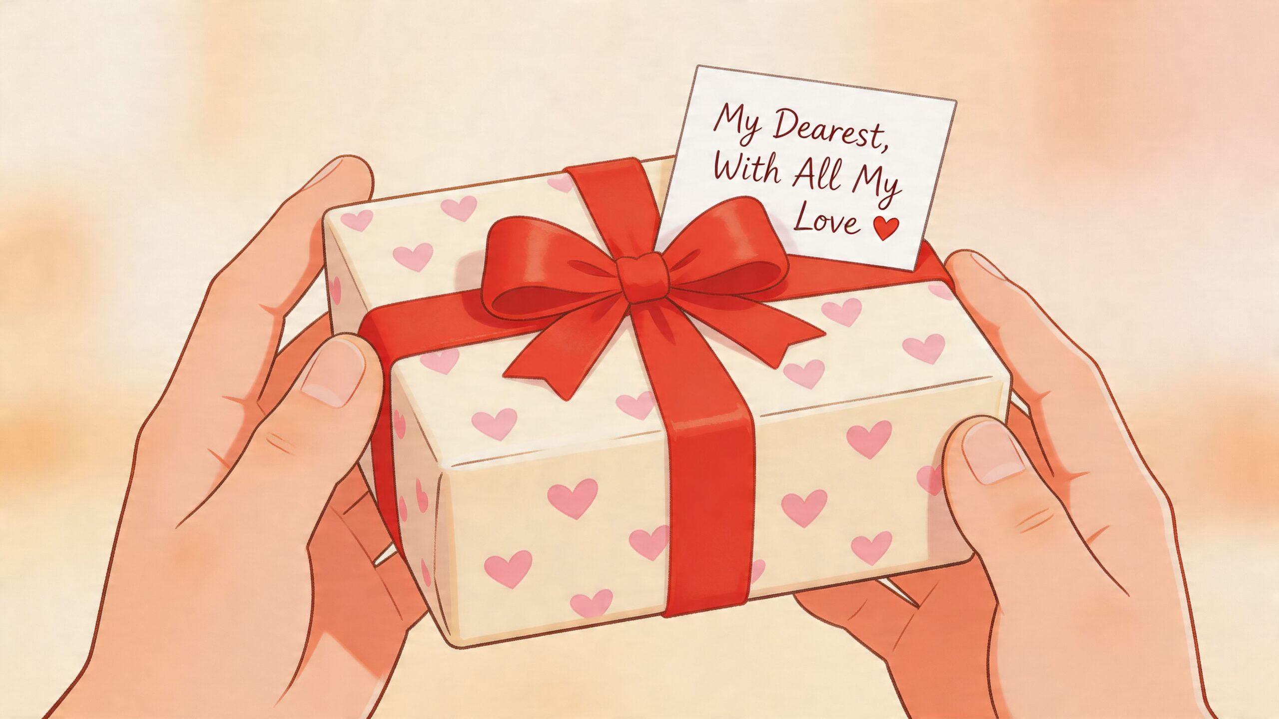 A close-up view of hands holding a romantic gift box with a heart-patterned wrapper and a note.