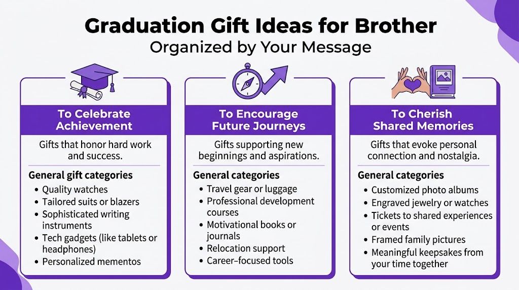 An infographic titled Graduation Gift Ideas for Brother, categorizing gift suggestions by the message they convey.