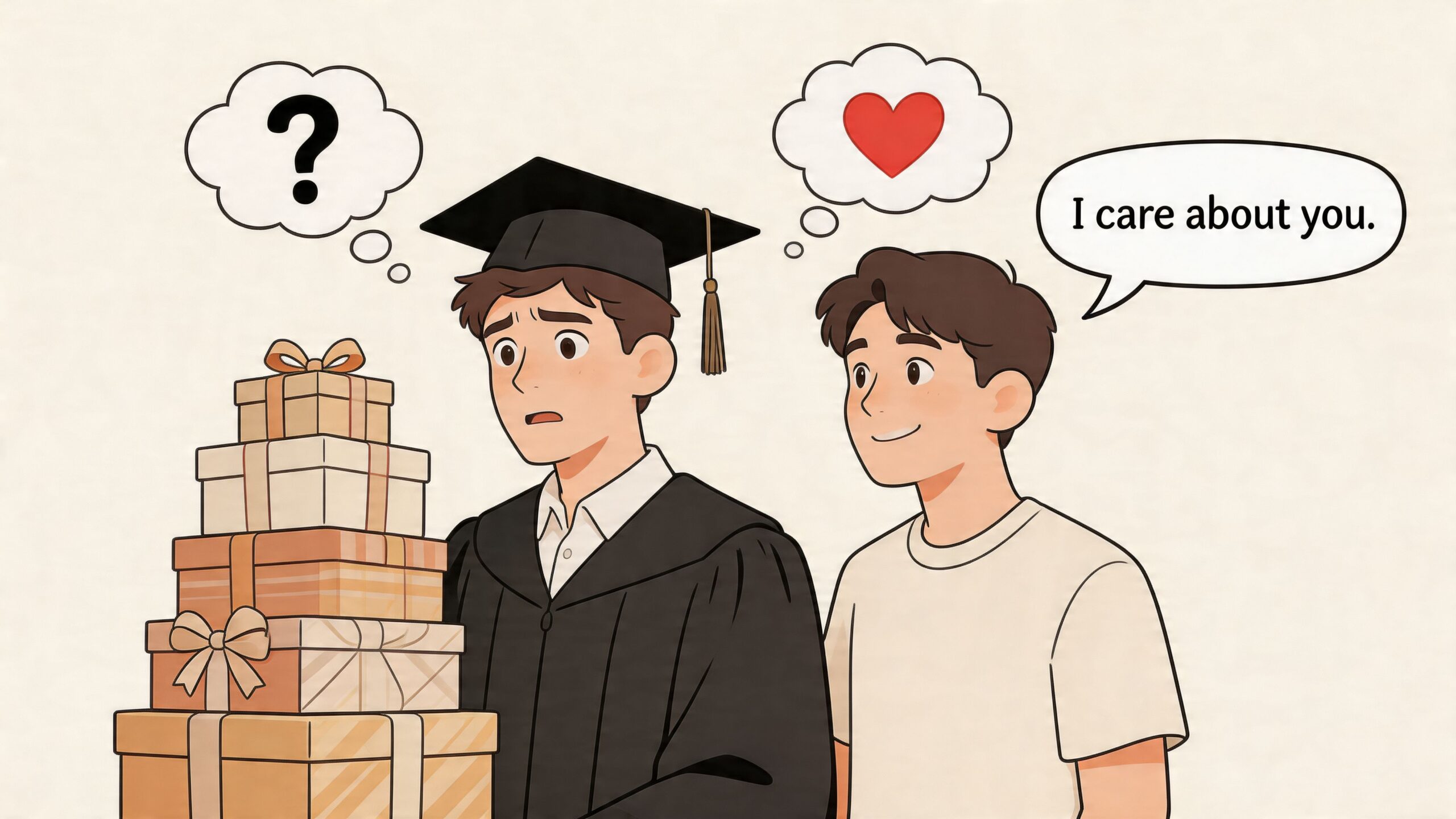 A person in graduation attire looks confused at a stack of gifts while their friend smiles affectionately.