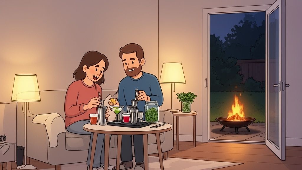 A happy couple making drinks in a cozy living room at night with a fire pit burning outside.